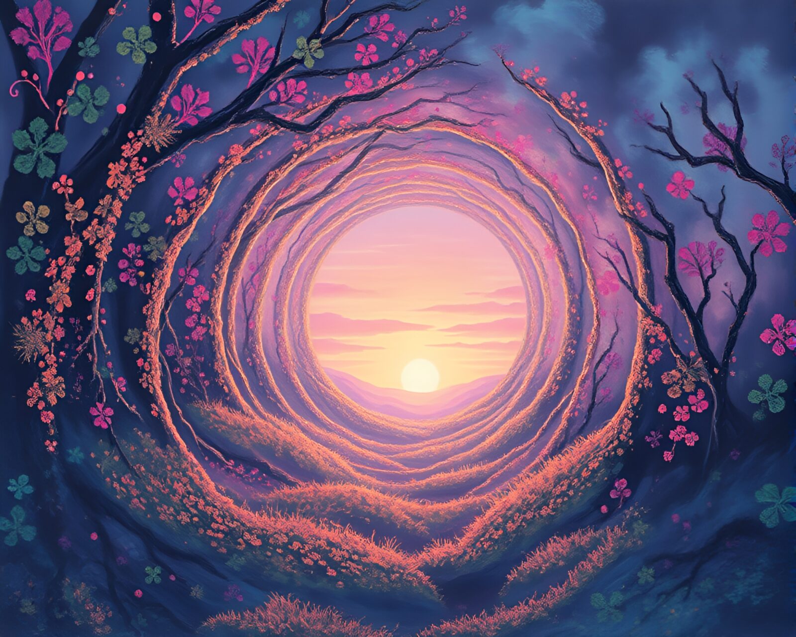 Tempera painting of pink sunrise glow through lichen-covered glass tunnel
