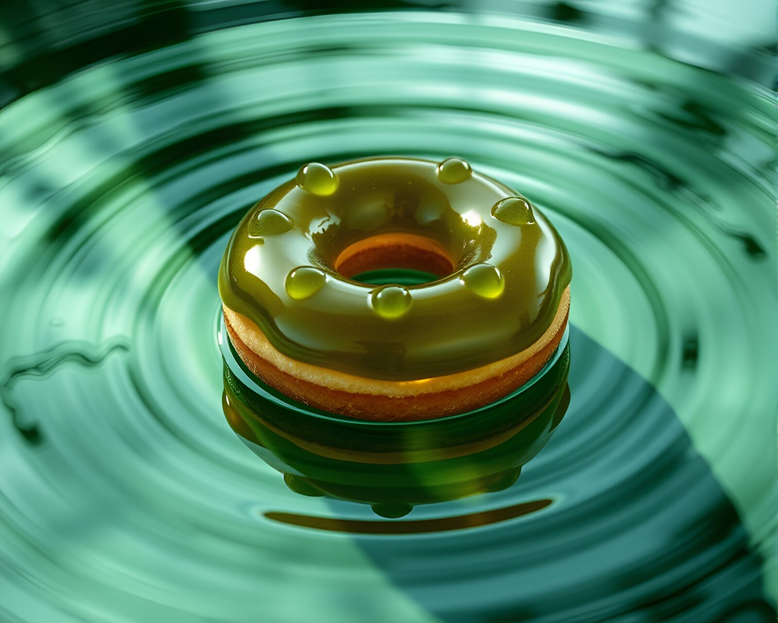 Serene water with ripples reflecting a tasty doughnut in green light