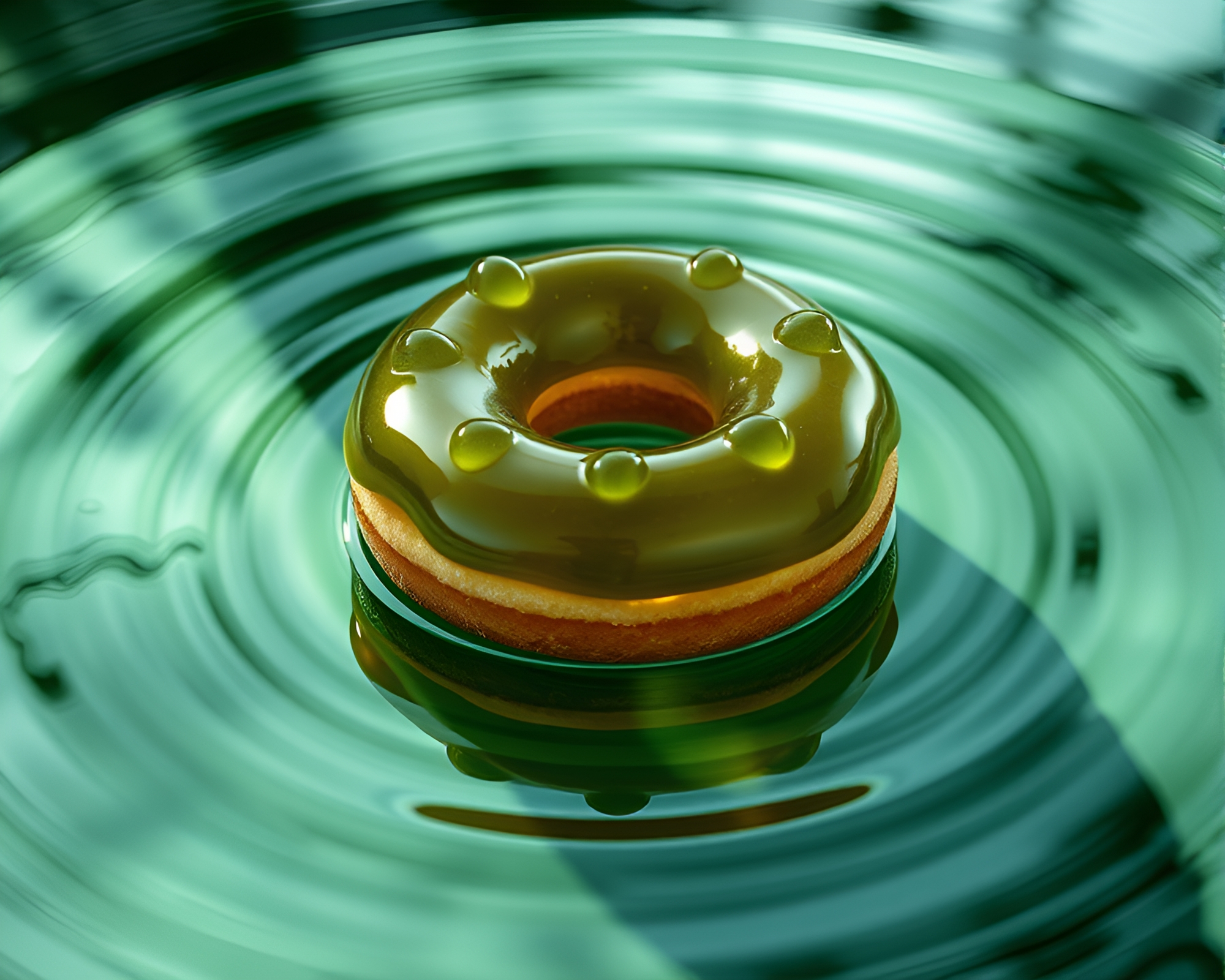 Jelly-Filled Doughnut Reflection Ripples in Forest Green – free AI stock image