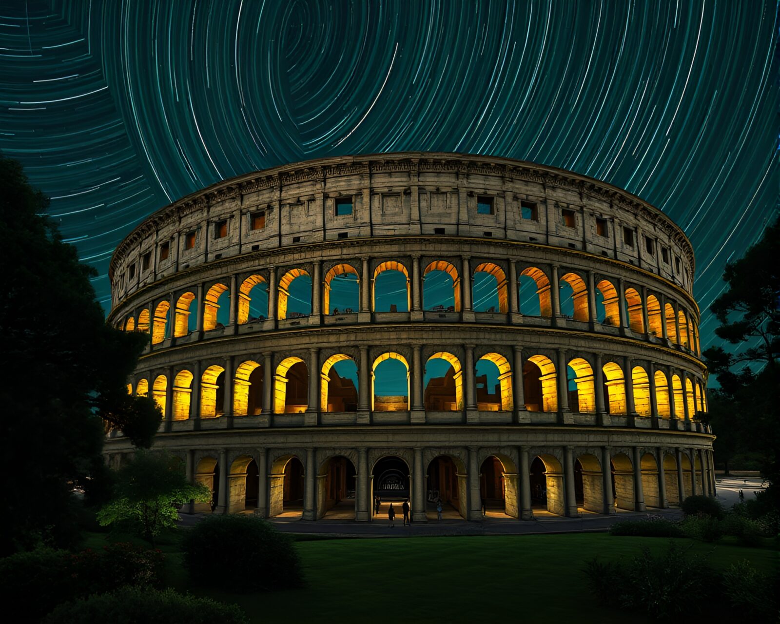 Night sky streaked with stars over Roman coliseum in green shade