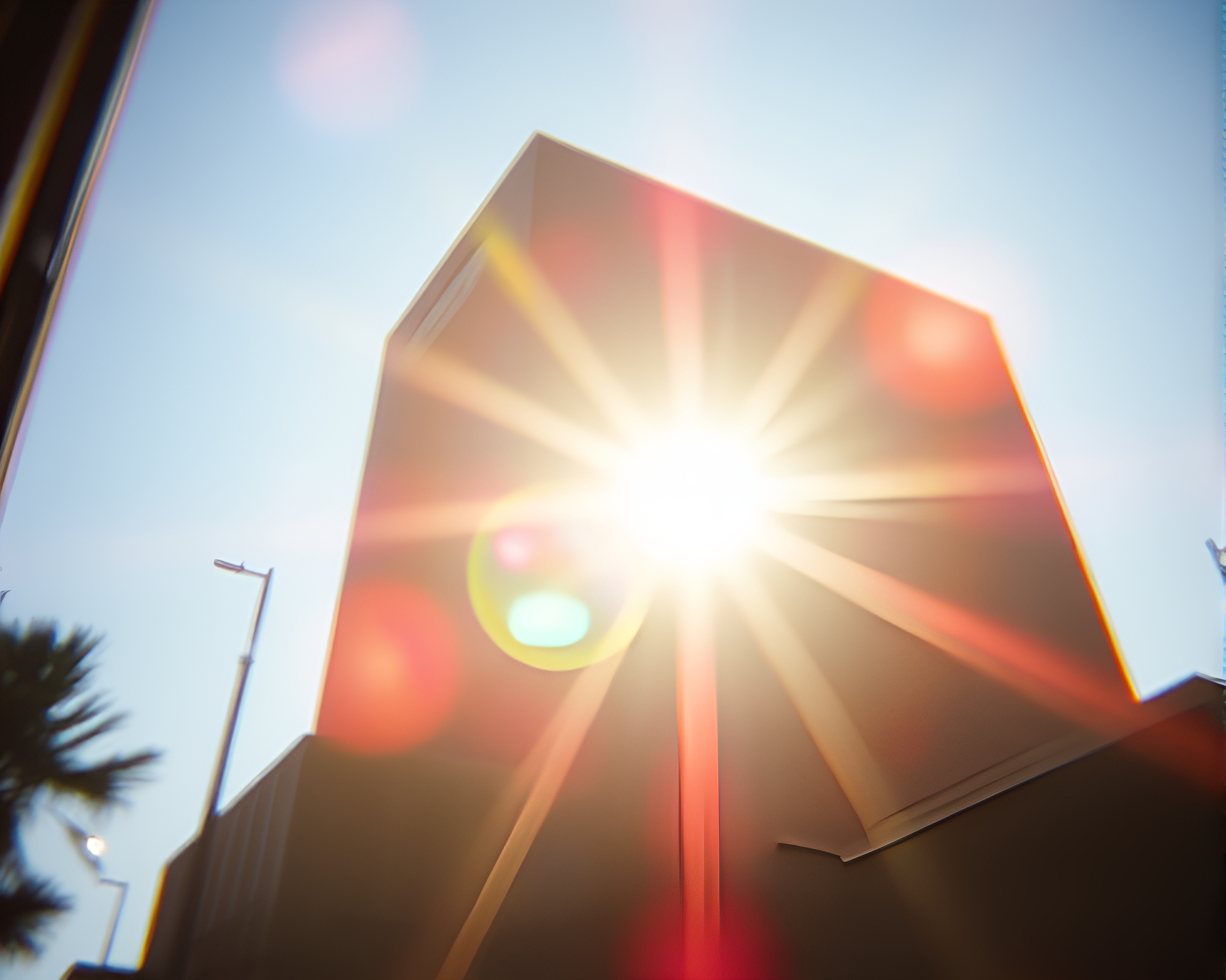 Surreal Lens Flare Illuminating Brutalist Building – free AI stock image