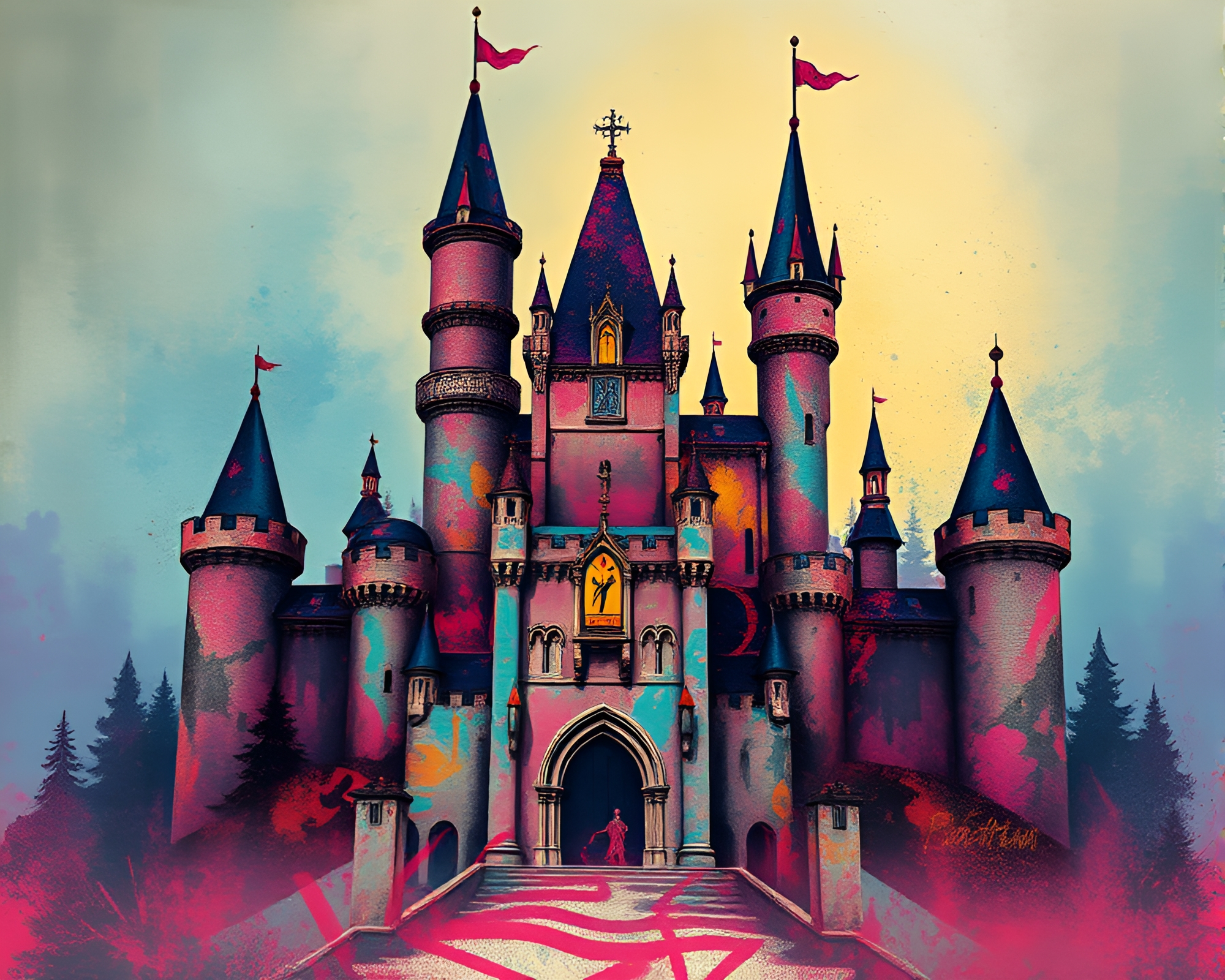 Graffiti Castle Fantasy Illustration with Texture Overlay – free AI stock image
