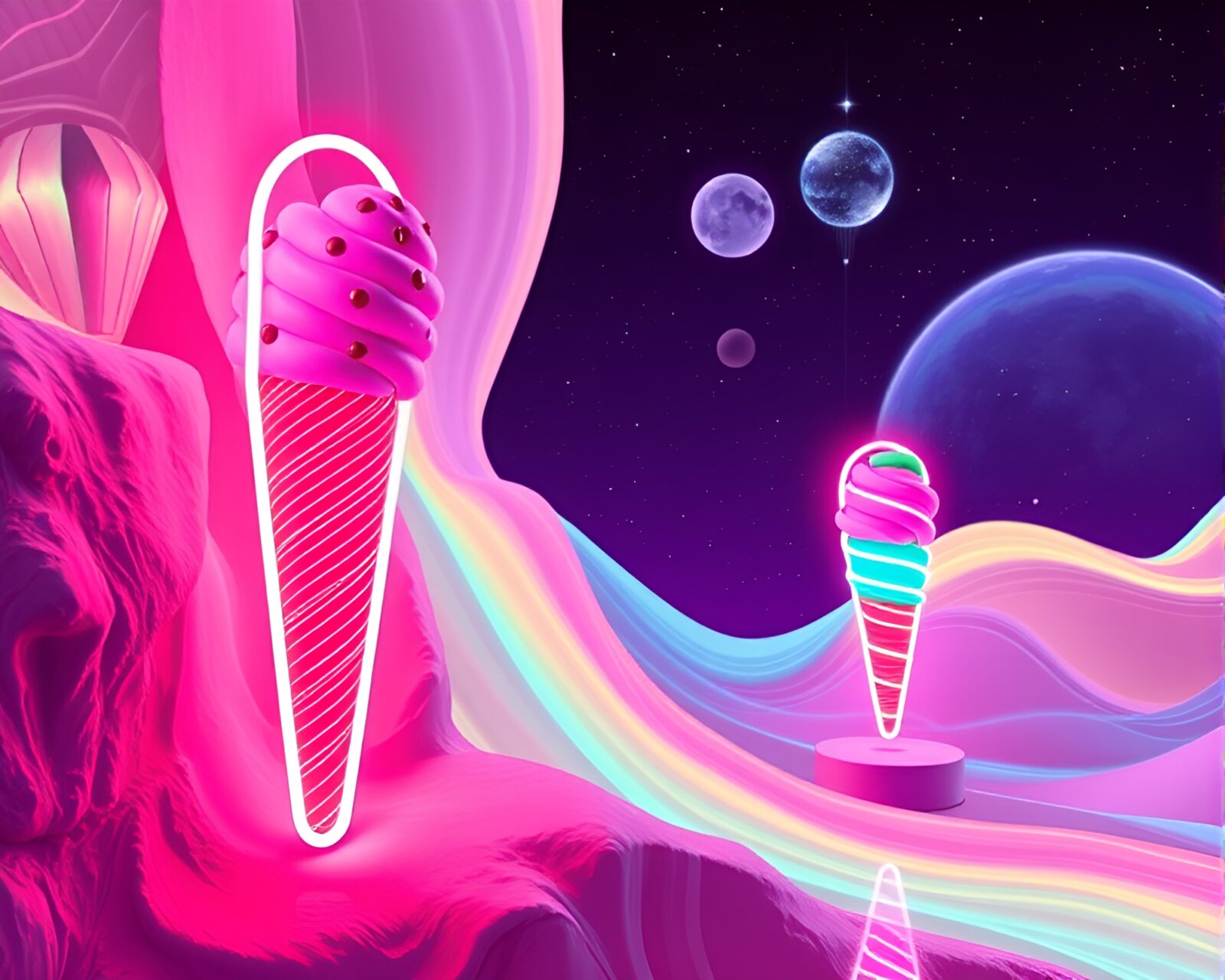 A vivid neon-lit gelato cone in a surreal planetary environment