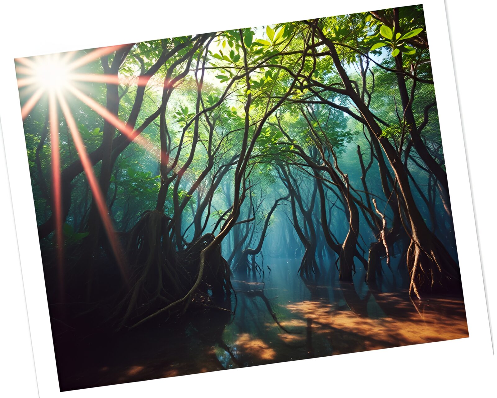 Vibrant Polaroid of mangrove swamp with bubble clusters in colorful starburst hues