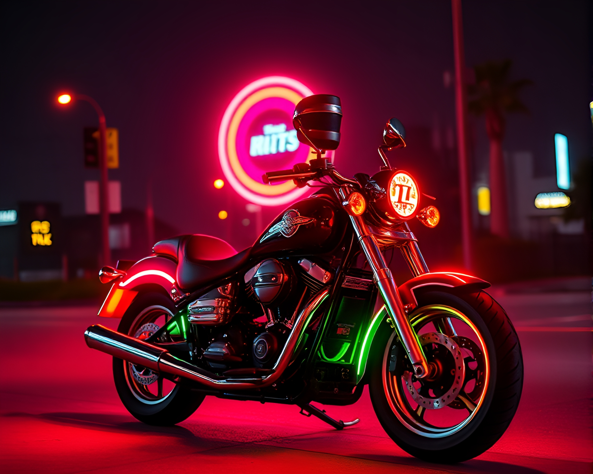 Neon Motorcycle Zoomed In with Kaleidoscope Lighting – free AI stock image