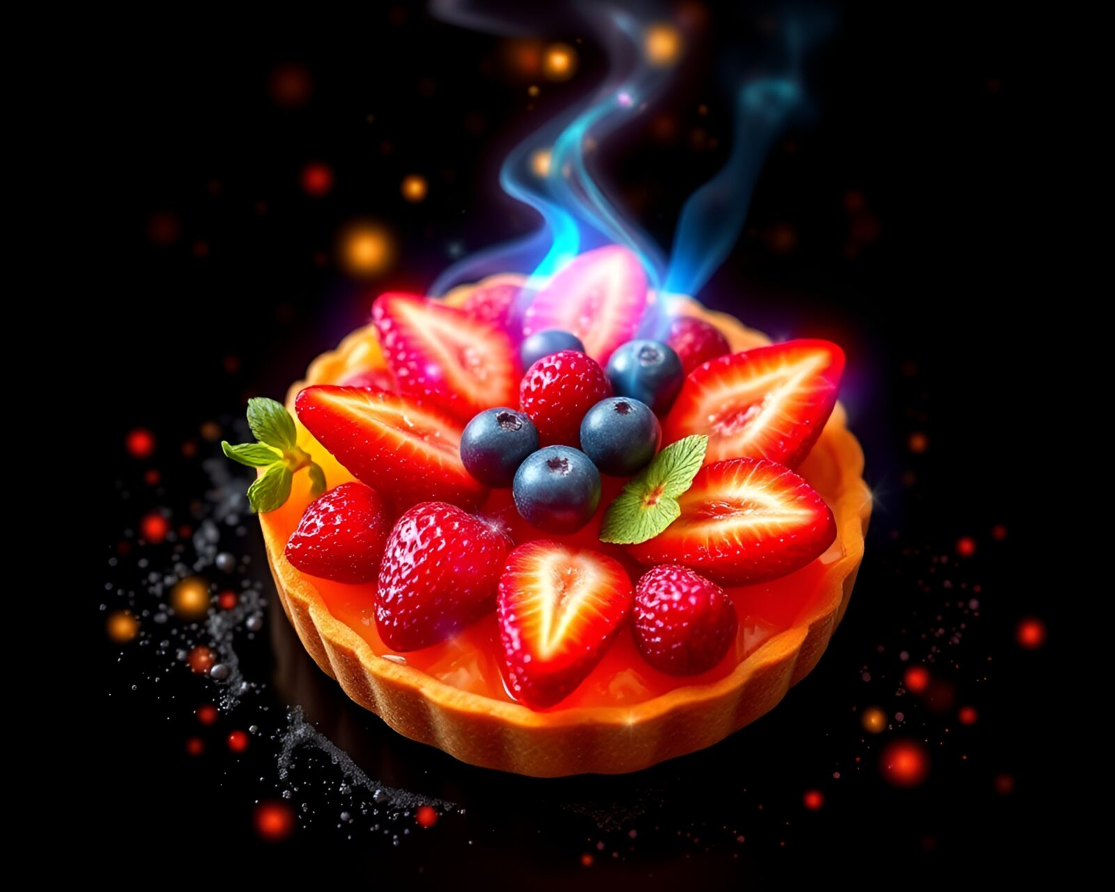 Digital render of a pixelated fruit tart in colorful visualization
