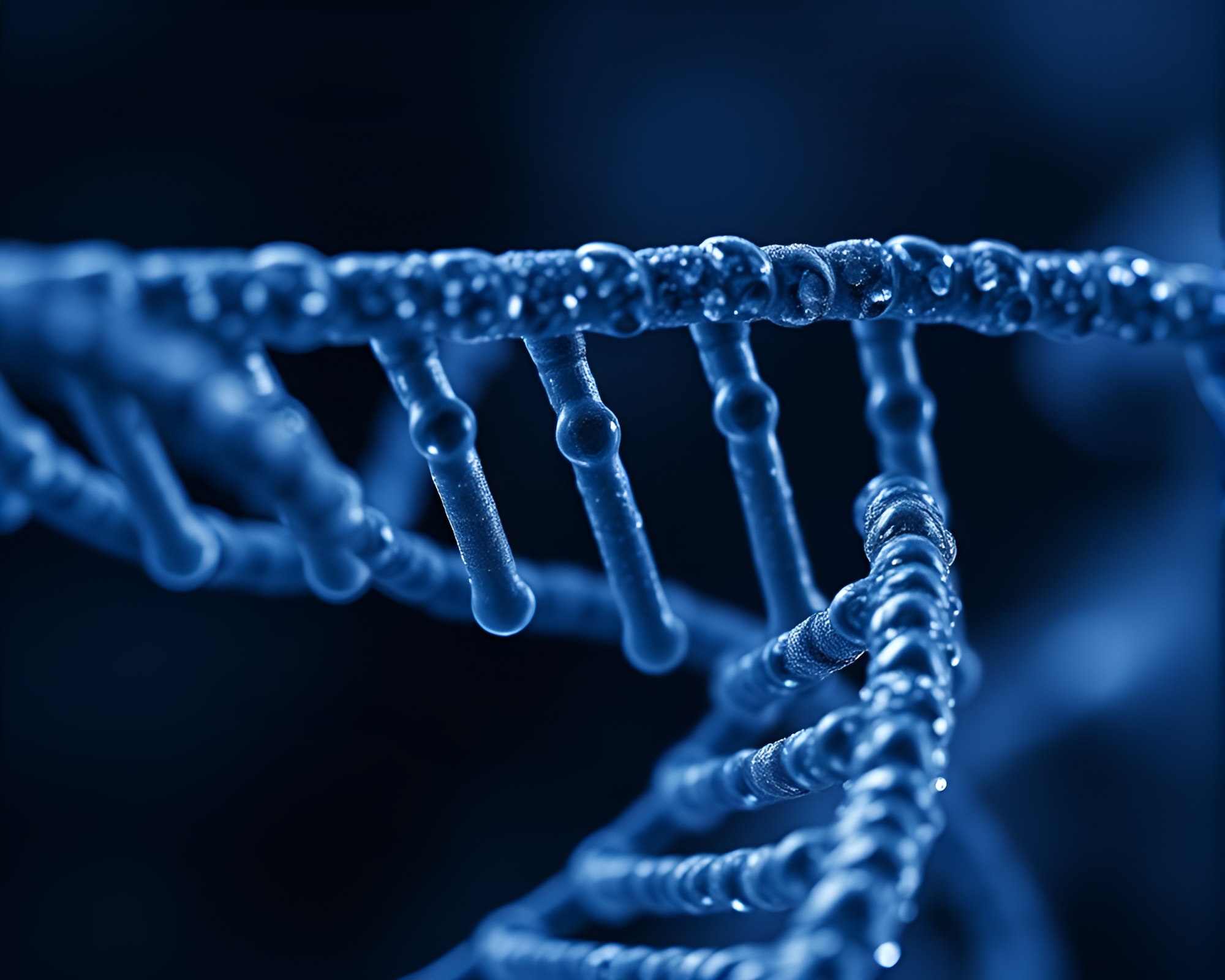 DNA Helix Reflections in Monochrome Blue Macro Photography – free AI stock image