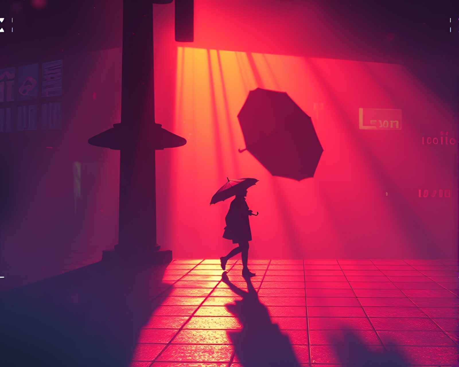 Surreal vaporwave scene with umbrella and stencil shadows