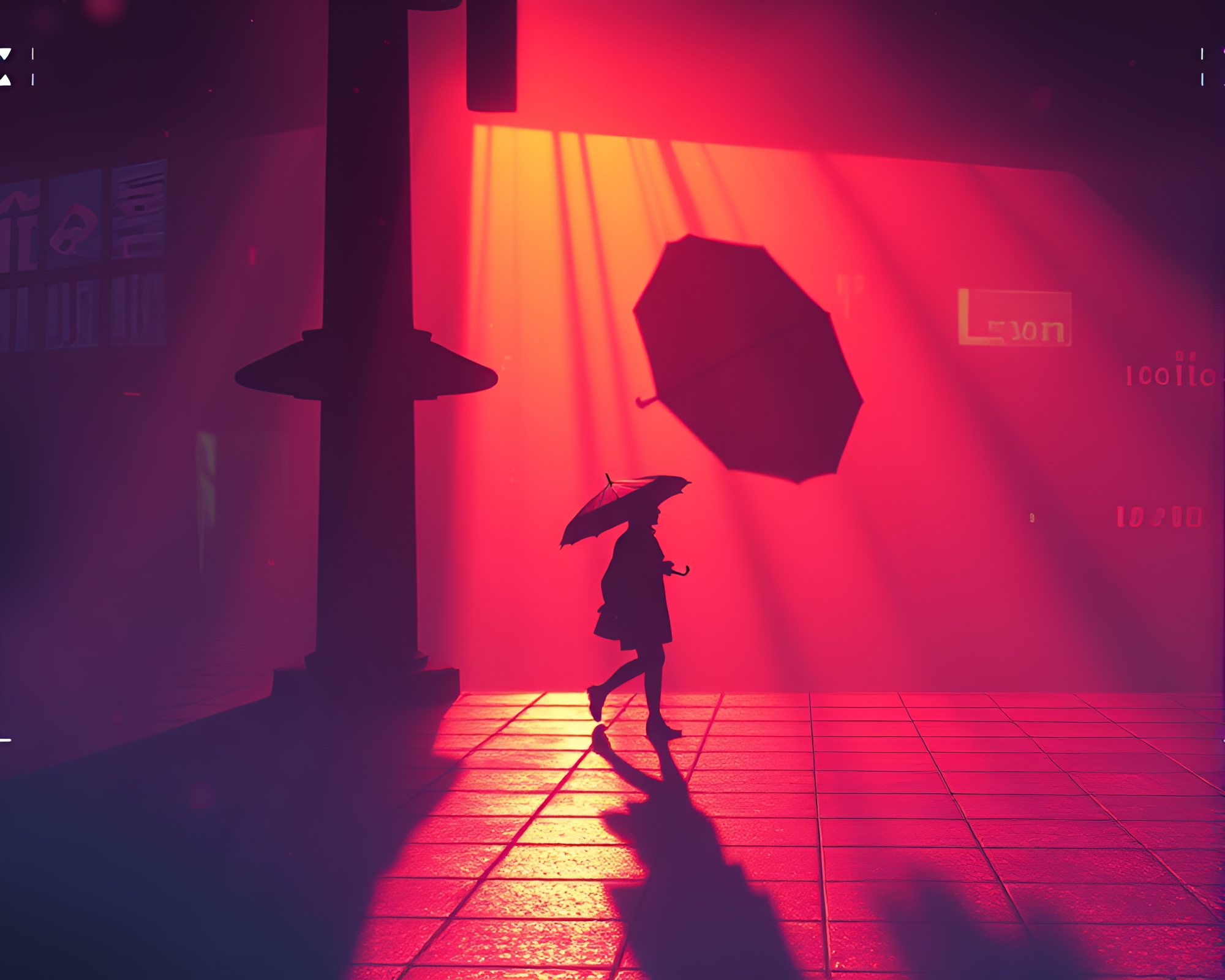 Vaporwave Umbrella Casting Stencil Shadows in Dreamy Haze – free AI stock image