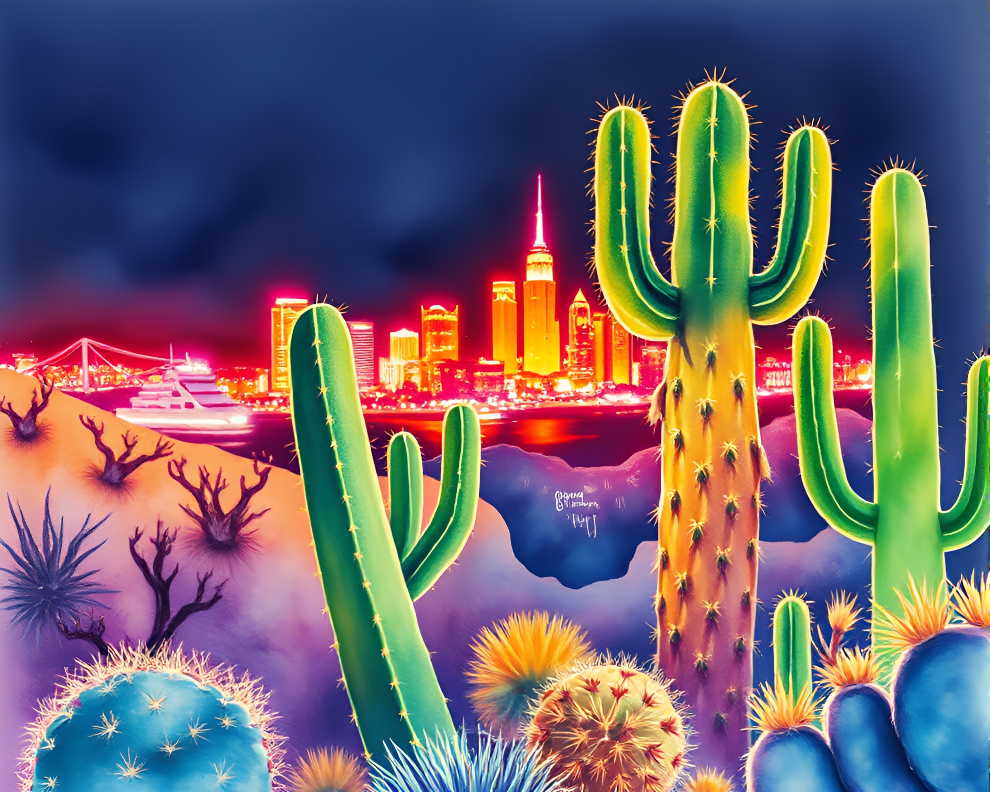 Vibrant Neon Cactus Illuminated Cityscape Watercolor Art – free AI stock image