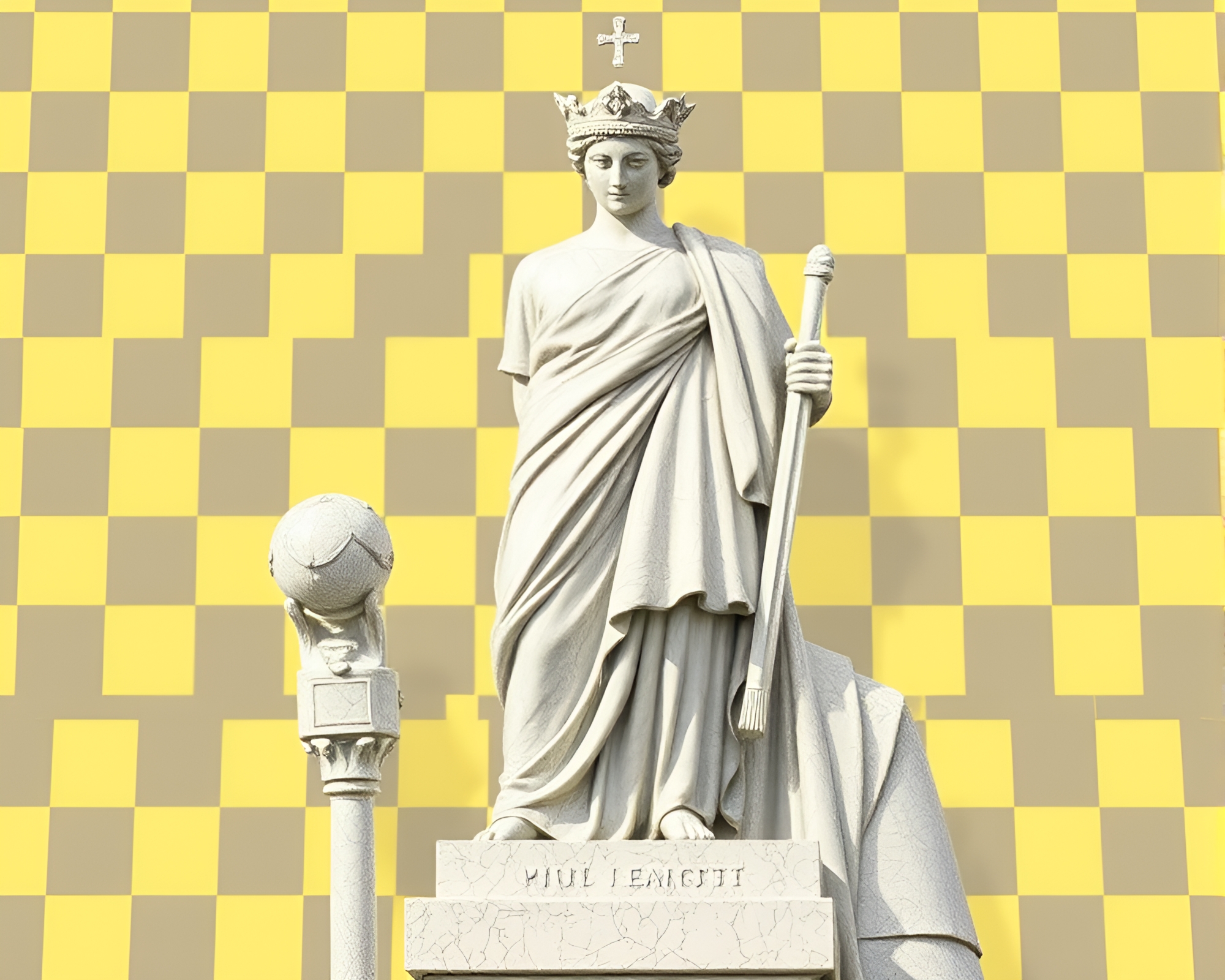 Monochrome Yellow Statue in Checkered Contours – free AI stock image