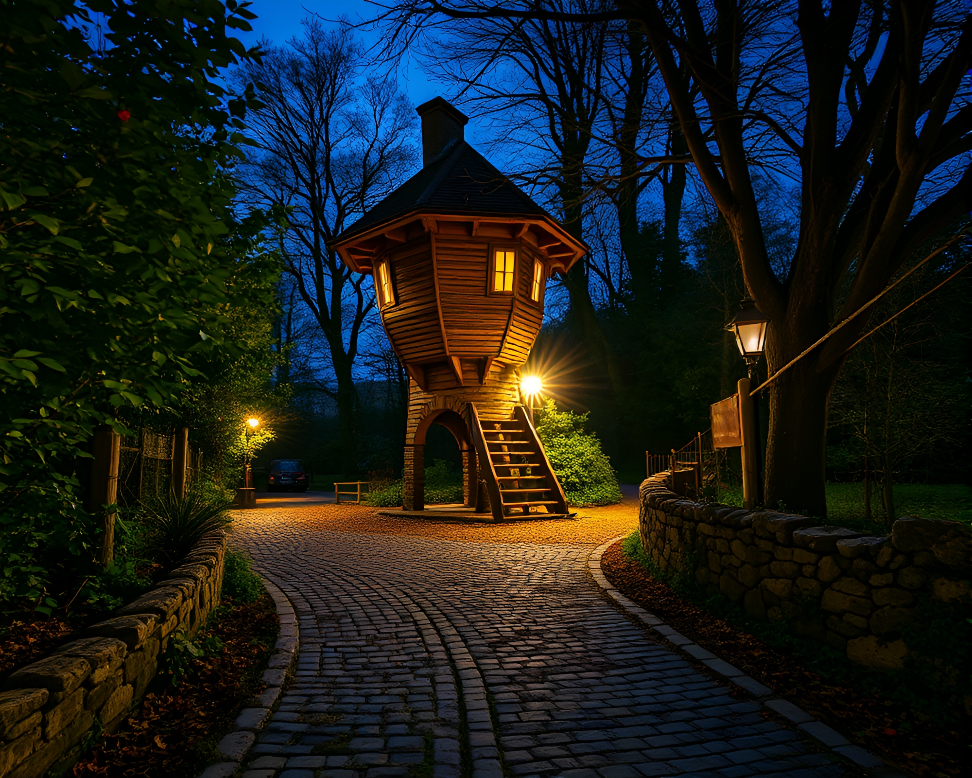 Surreal Treehouse Dream: Cobblestone Path Pixelated Light – free AI stock image