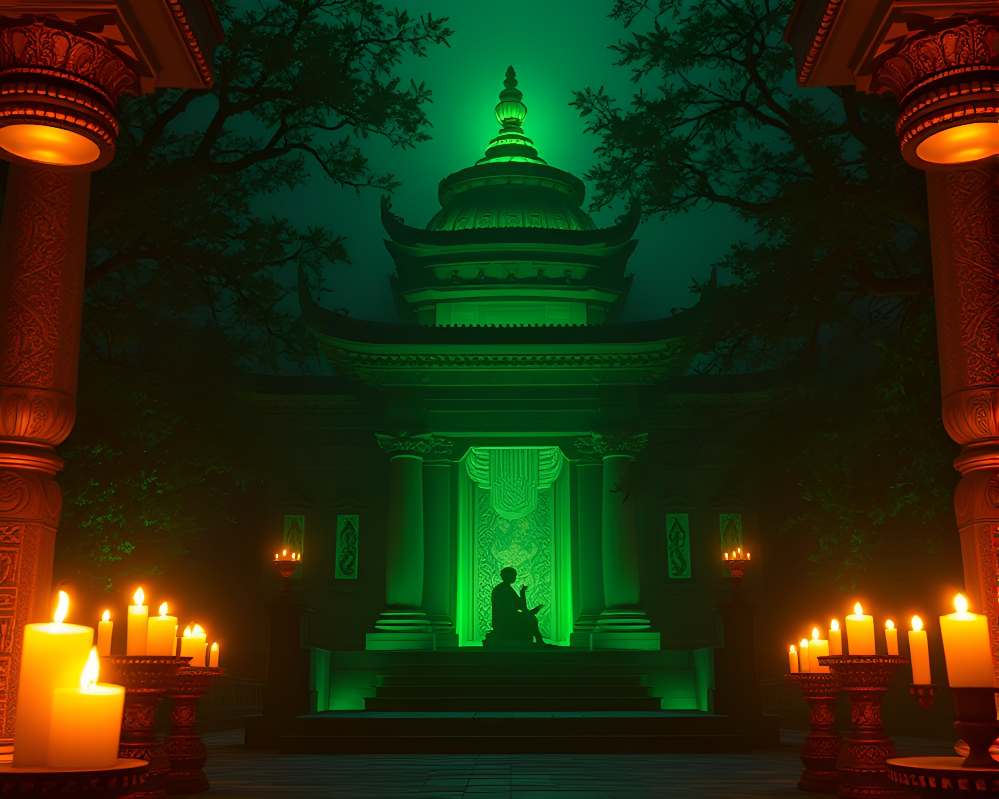 Serenely Lit Temple with Intricate Hatching Details – free AI stock image