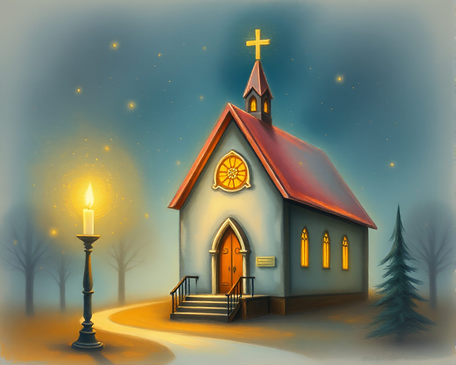 Pastel drawing of fairies in magical church ambiance