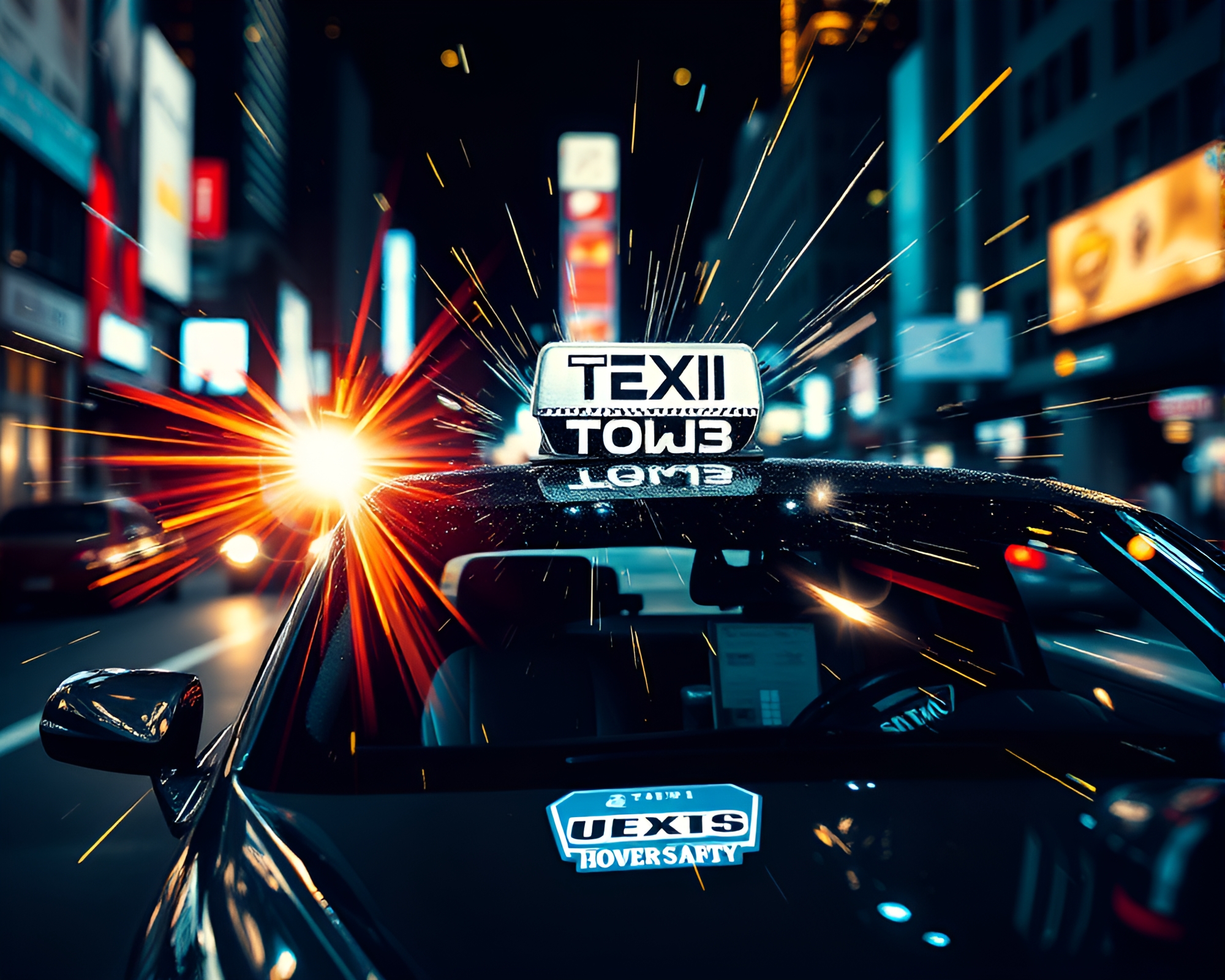 Futuristic Hover Taxi with Silver Leaf Accents and Lens Flare Bursts – free AI stock image