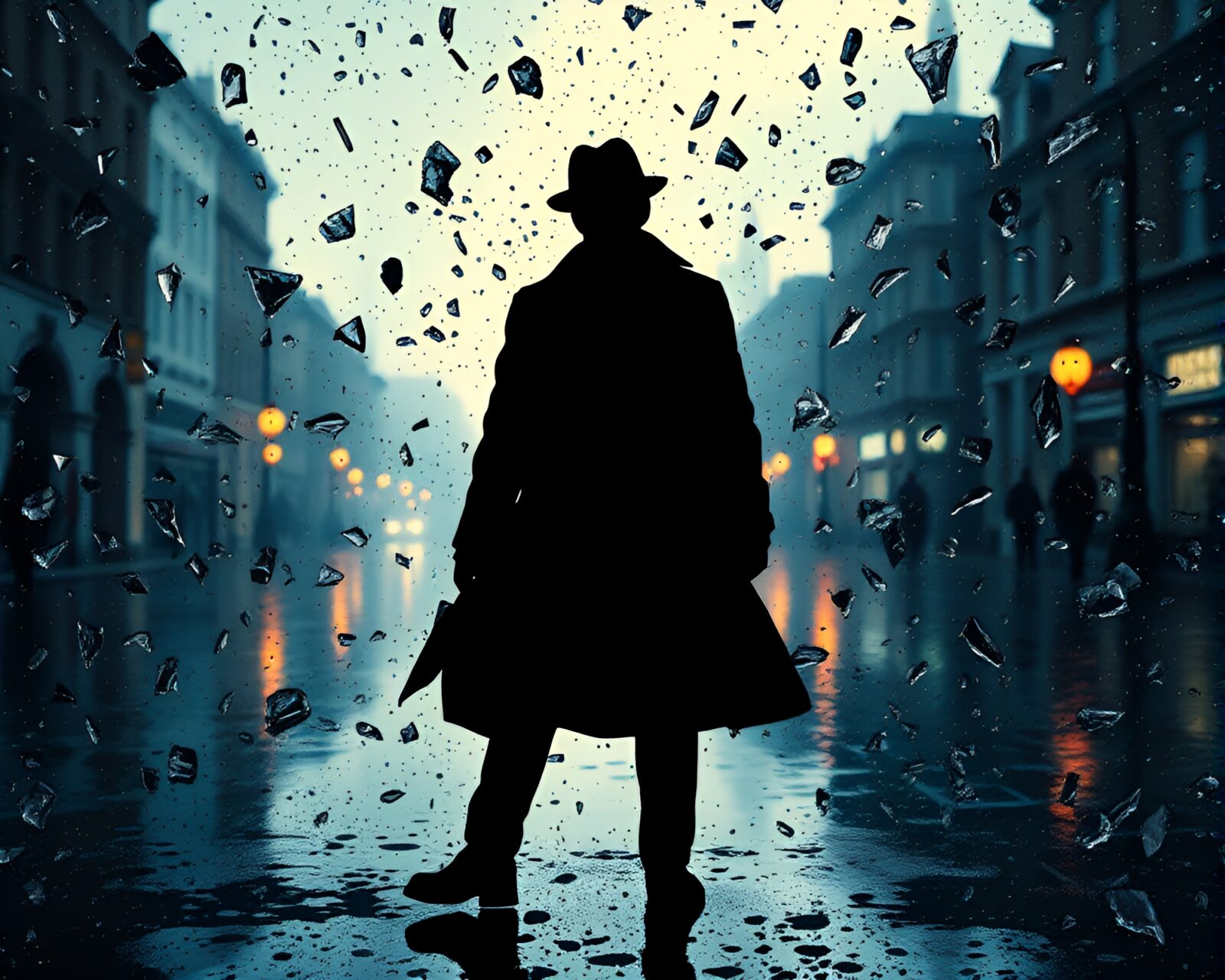 Elegant splatter art featuring Sherlock Holmes silhouette reflected in glass shards on a rainy night