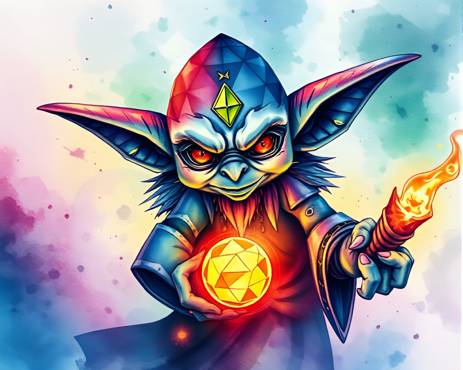 Mystical goblin surrounded by vibrant geometric patterns in watercolor