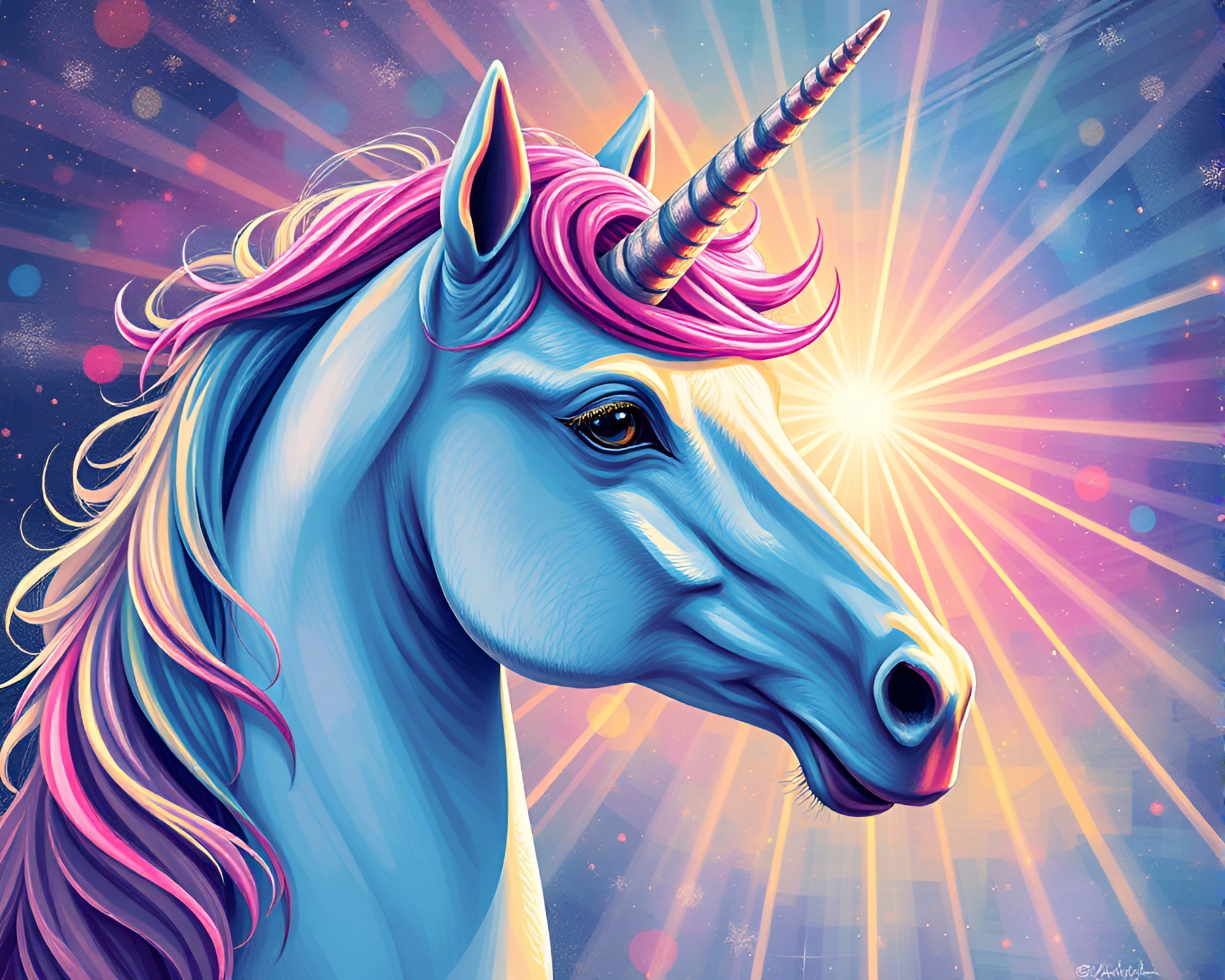Candid Unicorn Encounter in Starburst Pointillism – free AI stock image