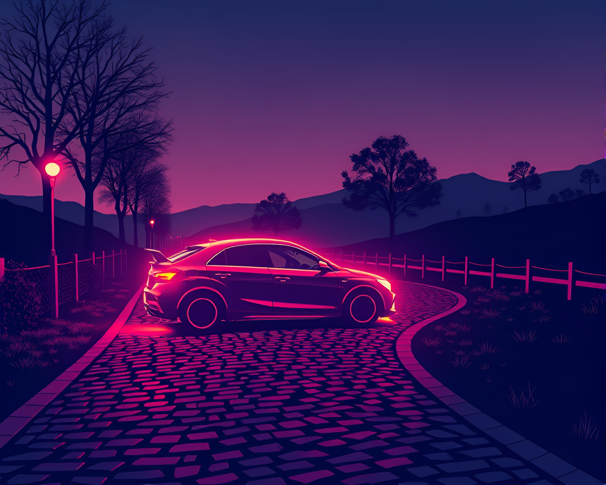 Futuristic Neon Drive: Flying Car Silhouette Illustration – free AI stock image