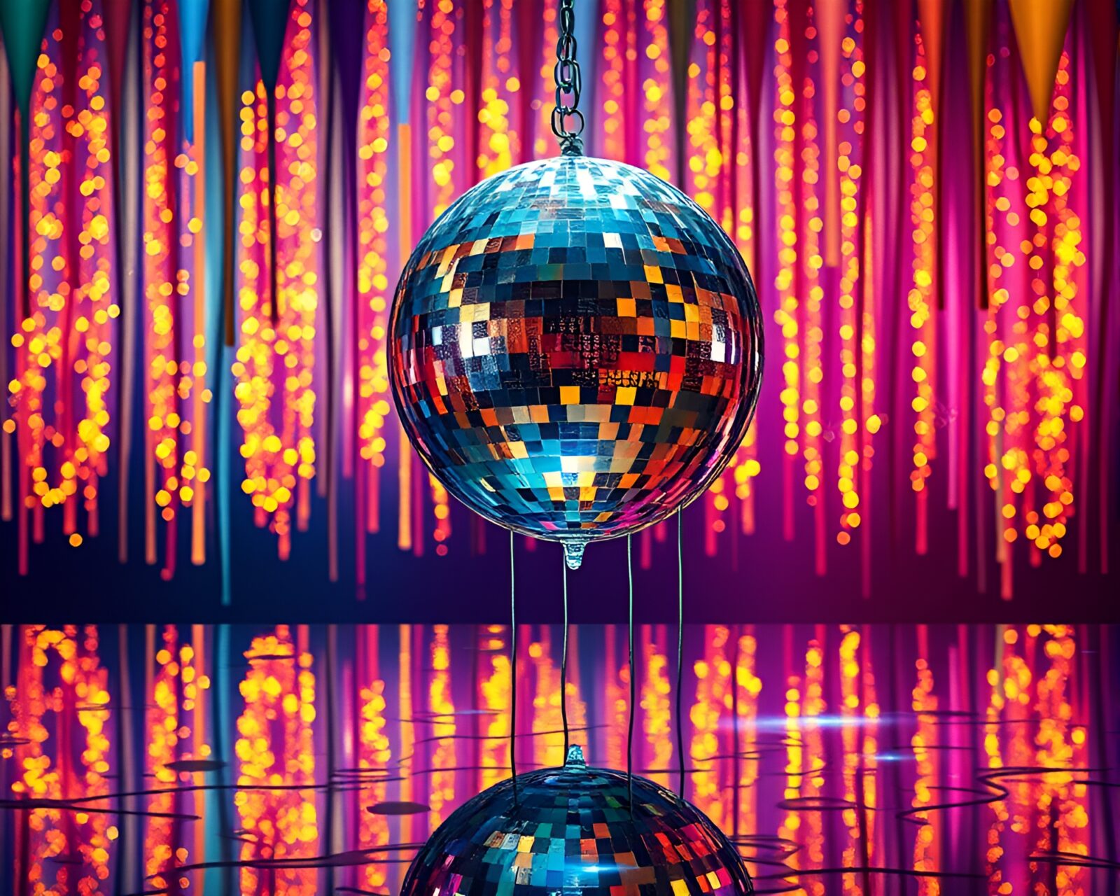 Vibrant dripped paint oasis reflecting disco ball glimmer