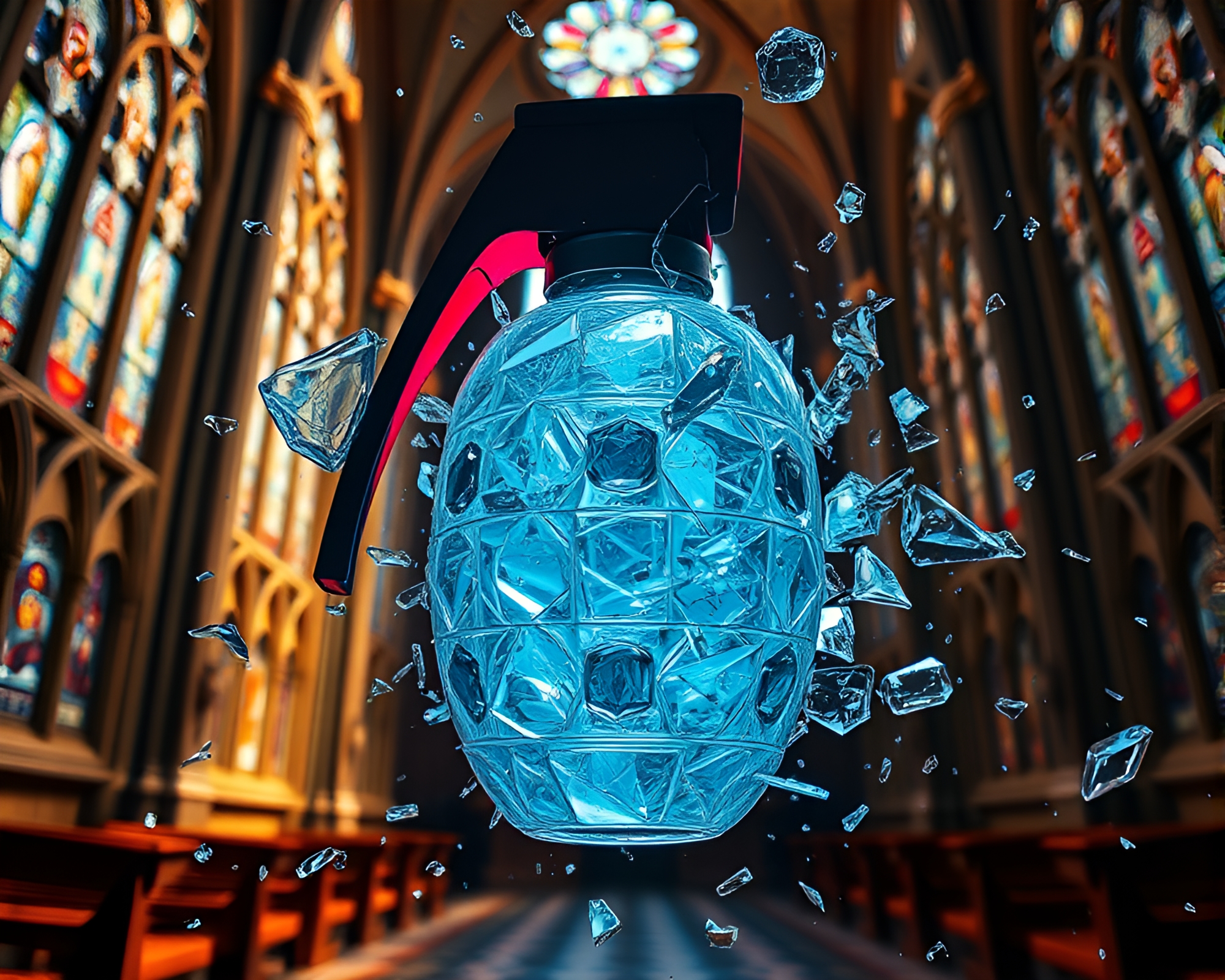 Stained Glass Cathedral Illuminated with Antimatter Grenade Fragments – free AI stock image