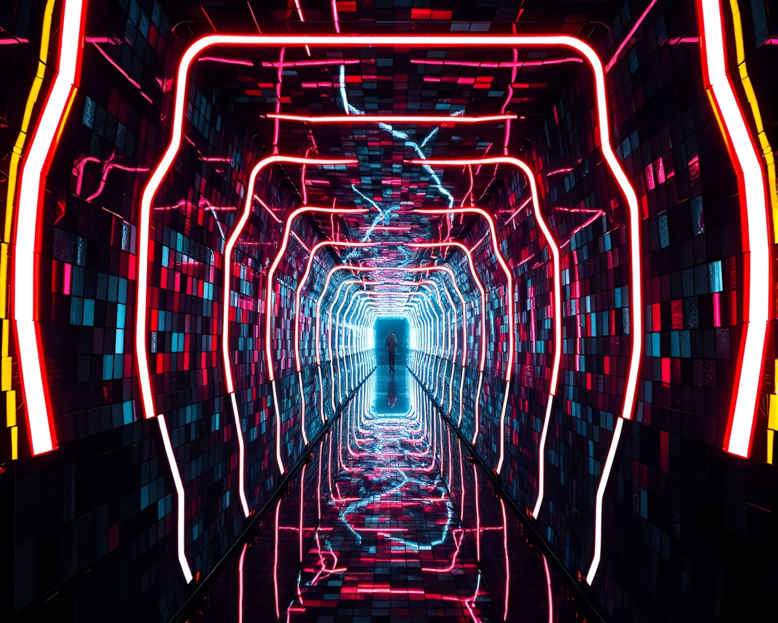 Glowing neon wires in a maze of mirrors at night