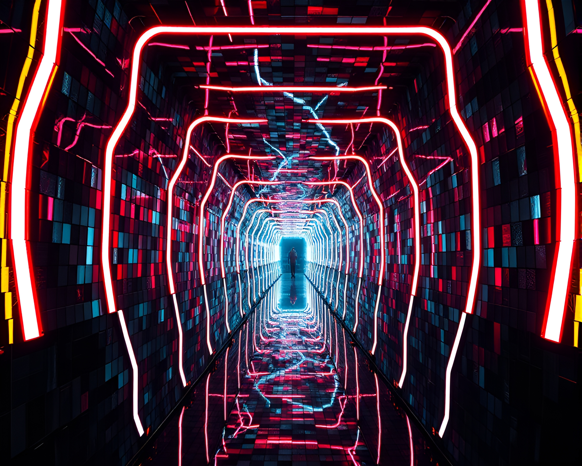 Dystopian Neon Wireframe Mirror Maze – free AI stock image