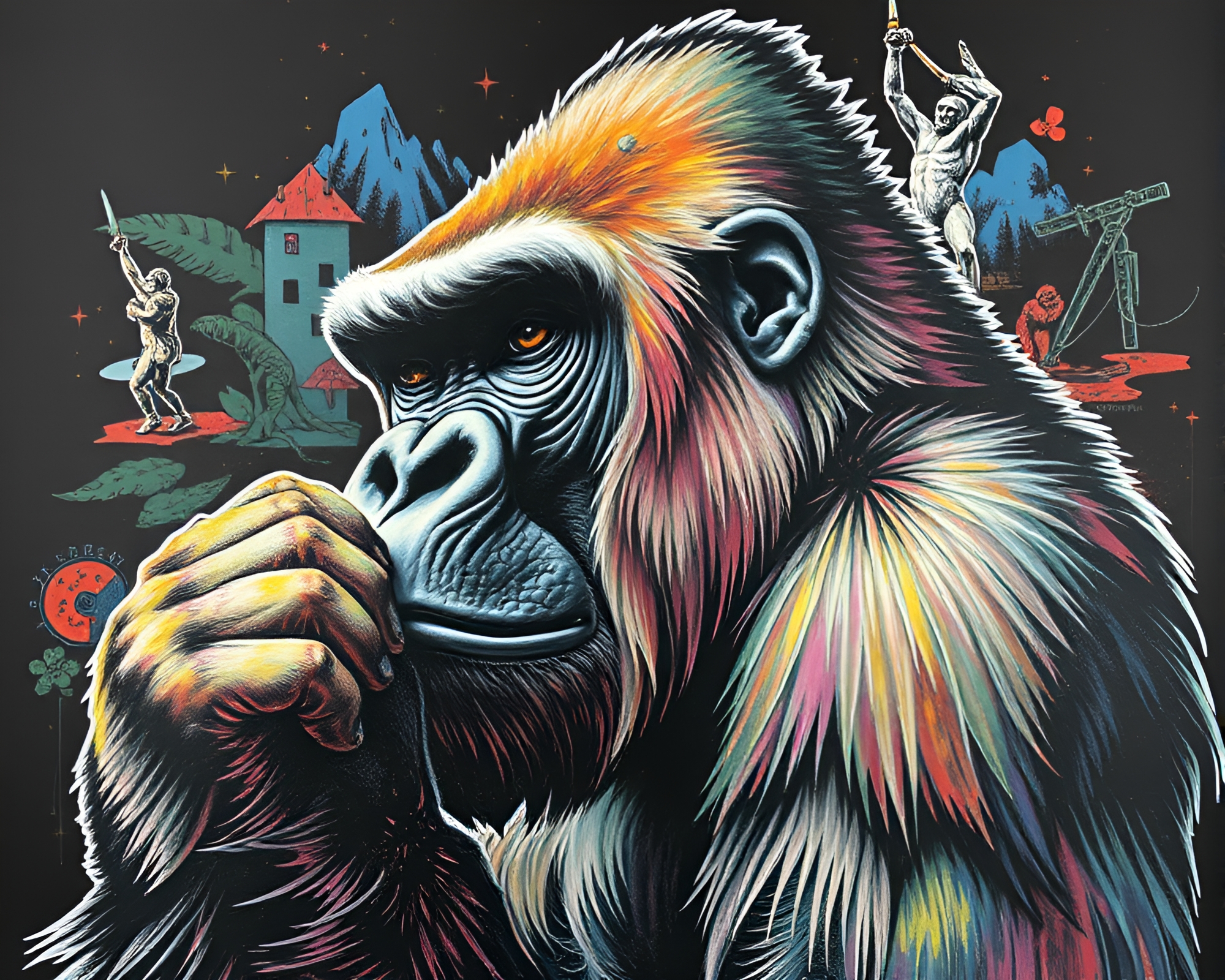 Vibrant Chalk Drawing Collage of Majestic Gorilla – free AI stock image