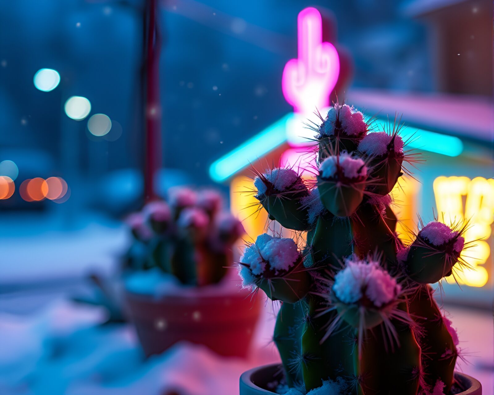 Snow-covered neon cactus lit up in tilt-shift studio shot