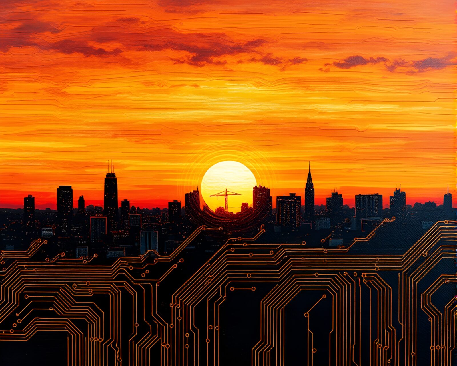 Abstract etching lines of a circuit board under a sunset sky