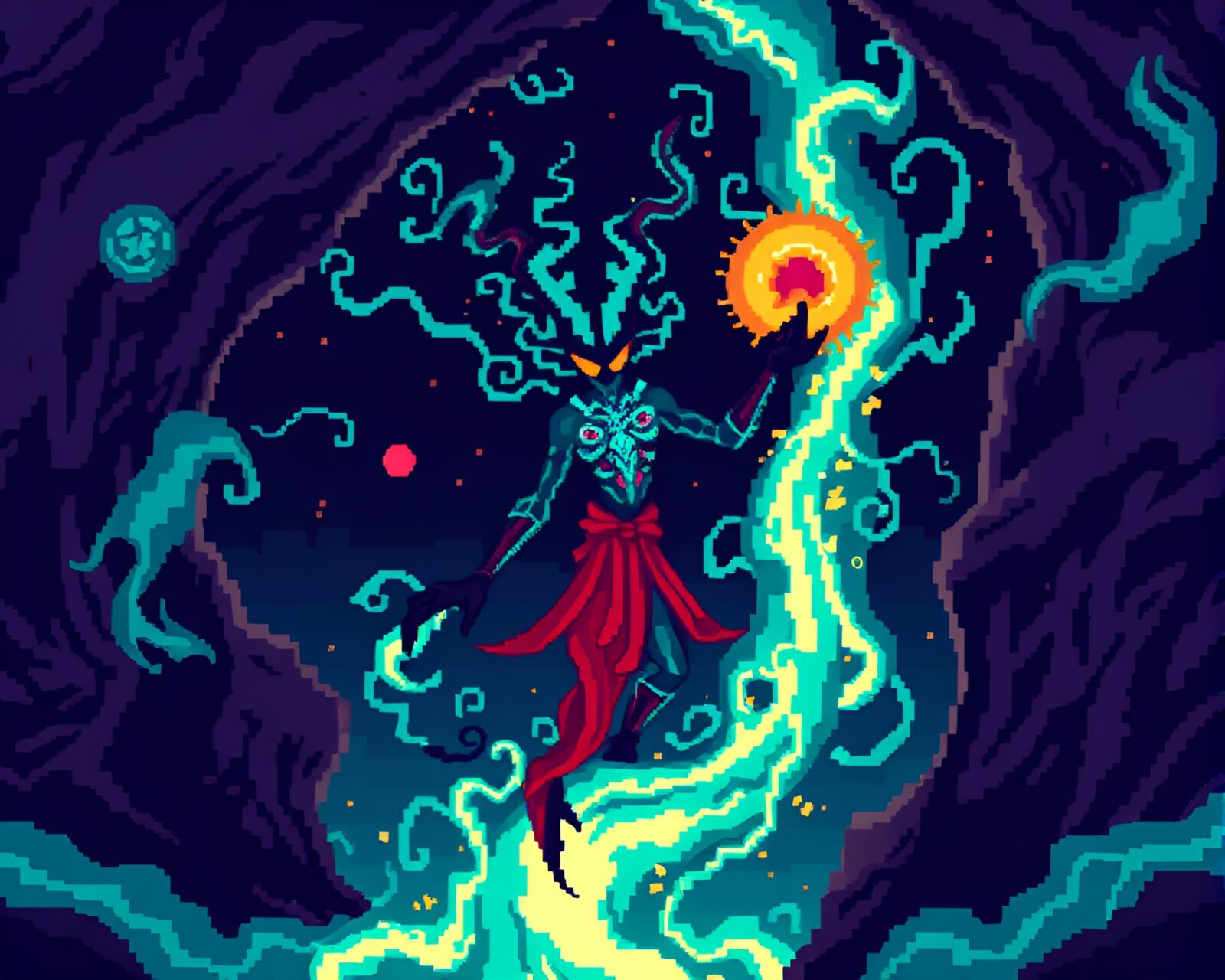 Indigo-hued pixel art scene with swirling vortex and mystical Djinn.
