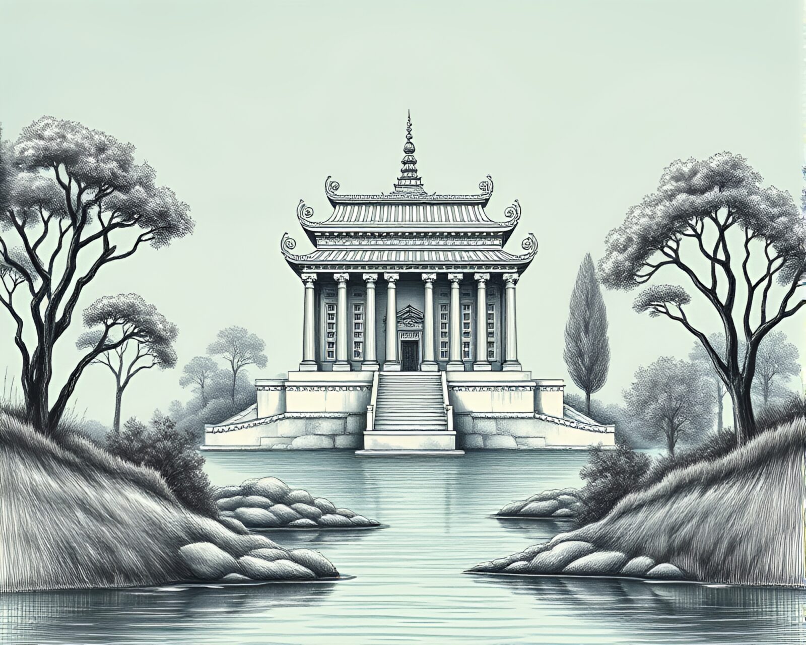 Serene teal temple in striped landscape etching artwork