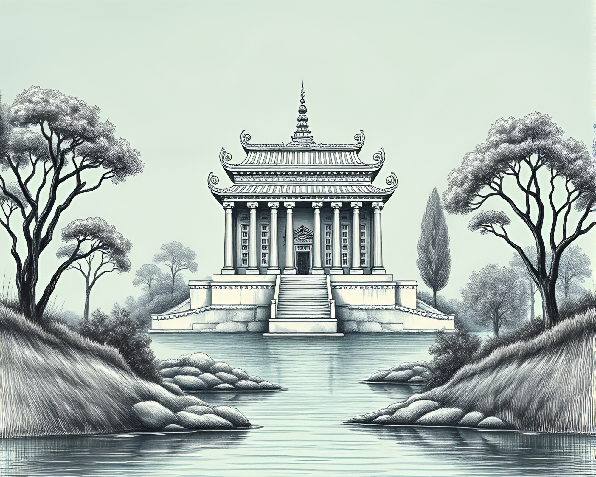 Striped Temple in Tranquil Teal Landscape Etching – free AI stock image
