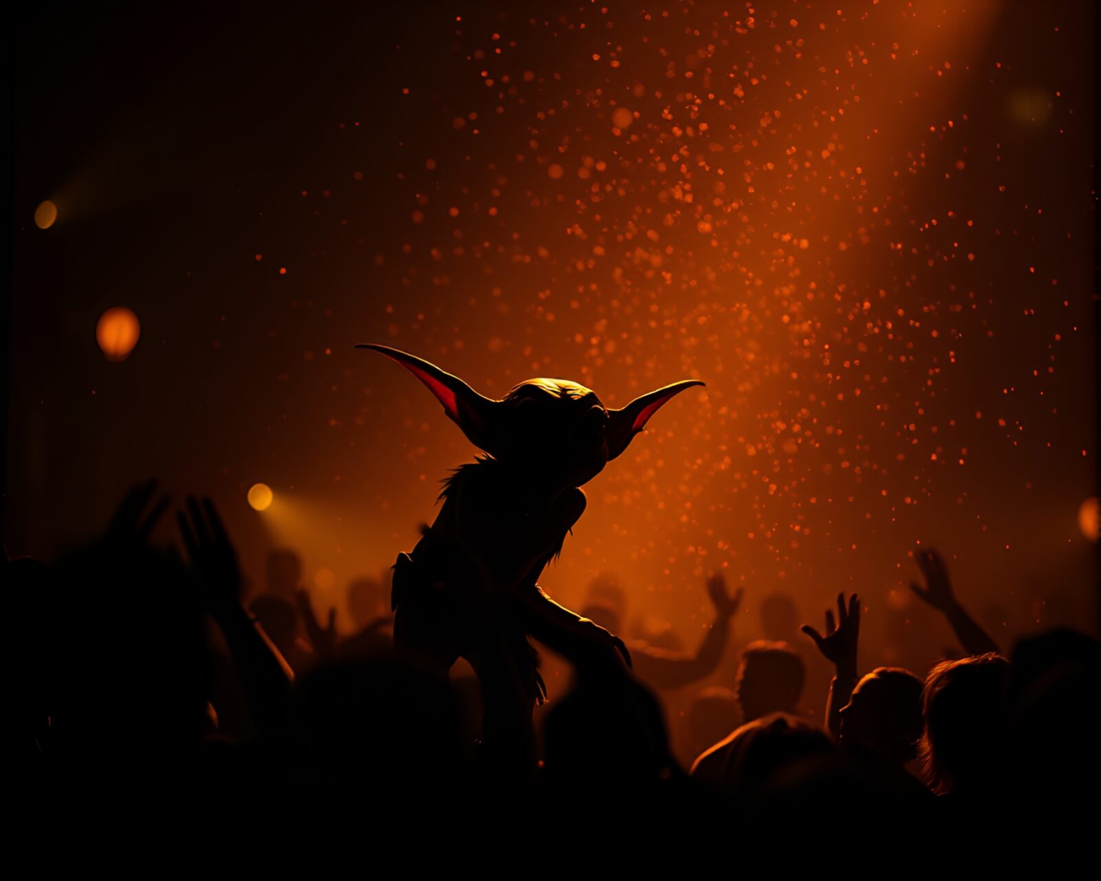 Eerie crowd of goblin silhouettes huddled under warm porchlight