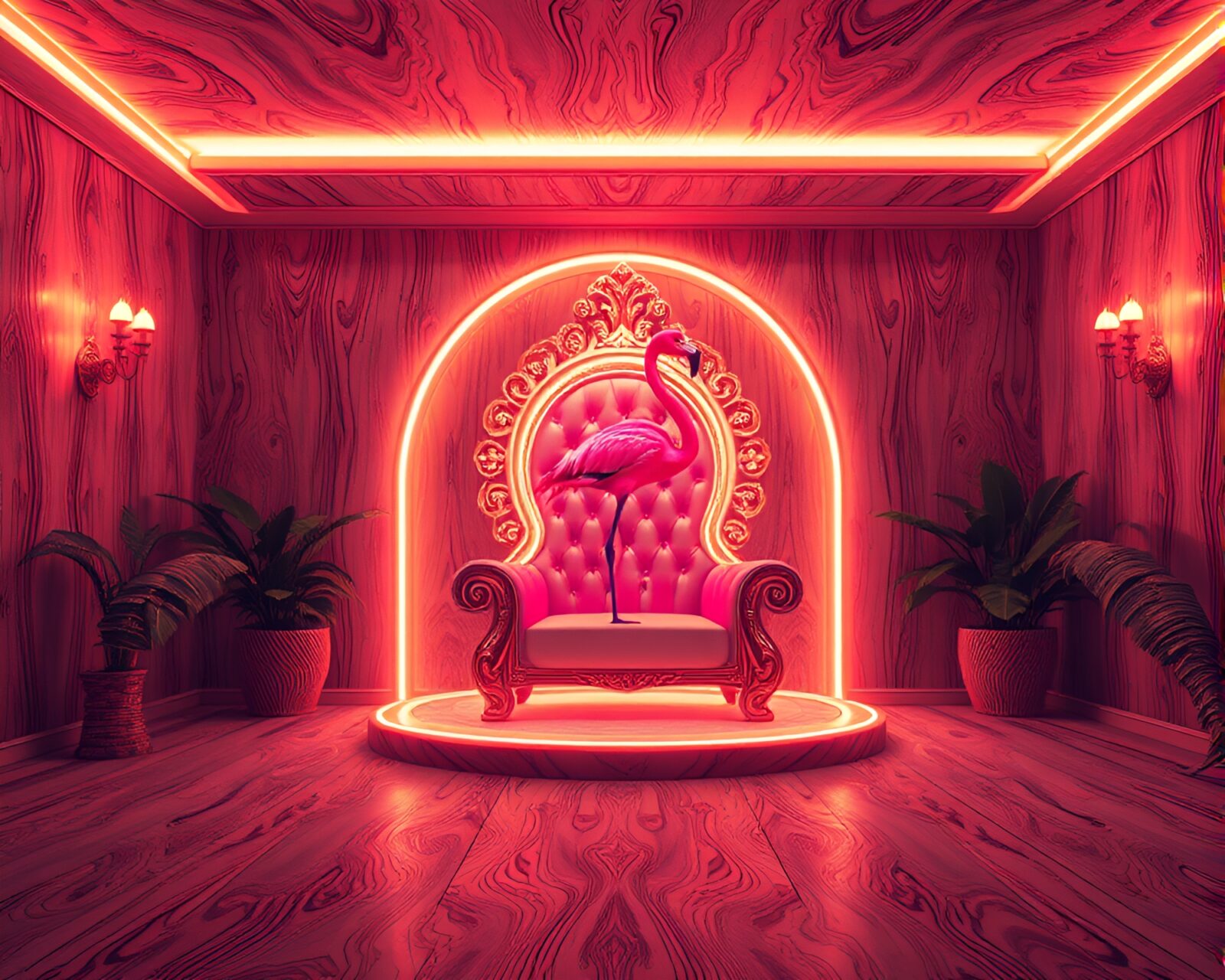 Luxurious wood grain throne with glowing flamingo accents