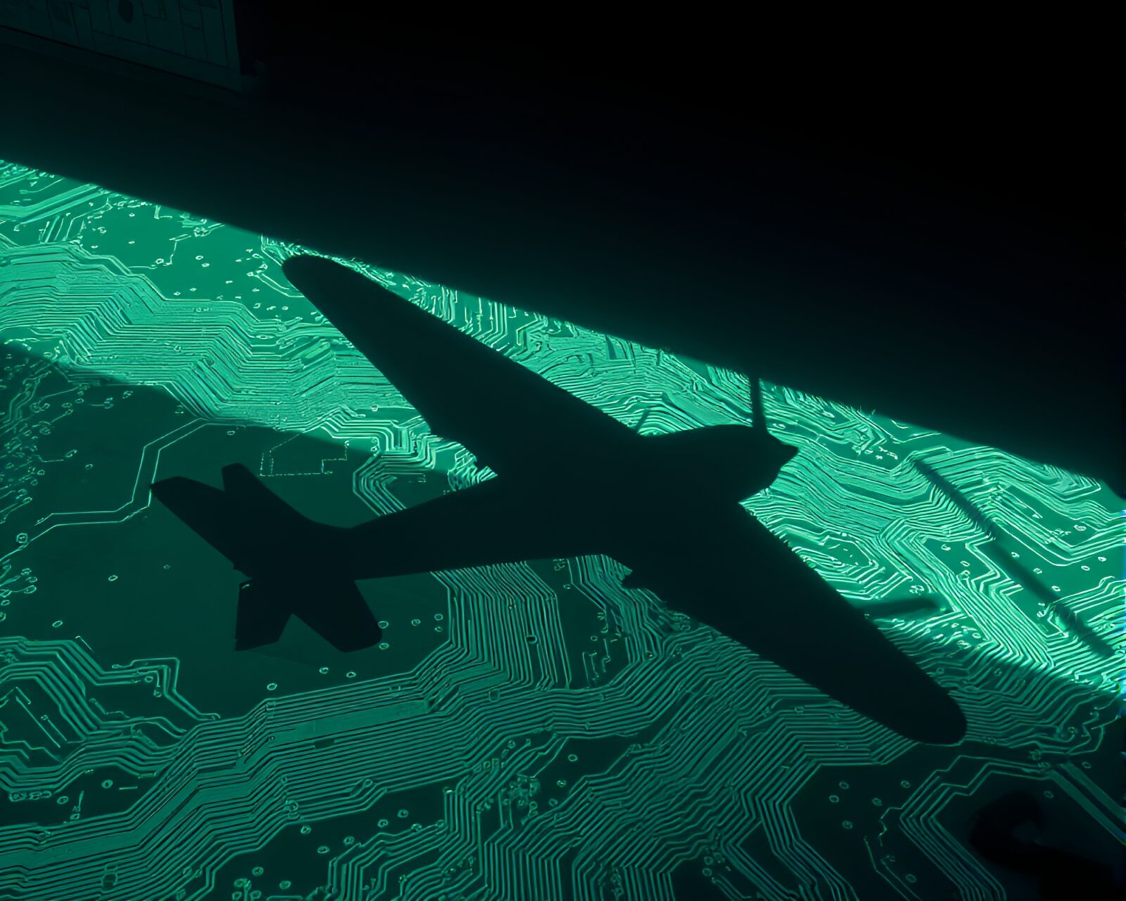 Double exposure of a sea plane in an attic illuminating circuit board traces