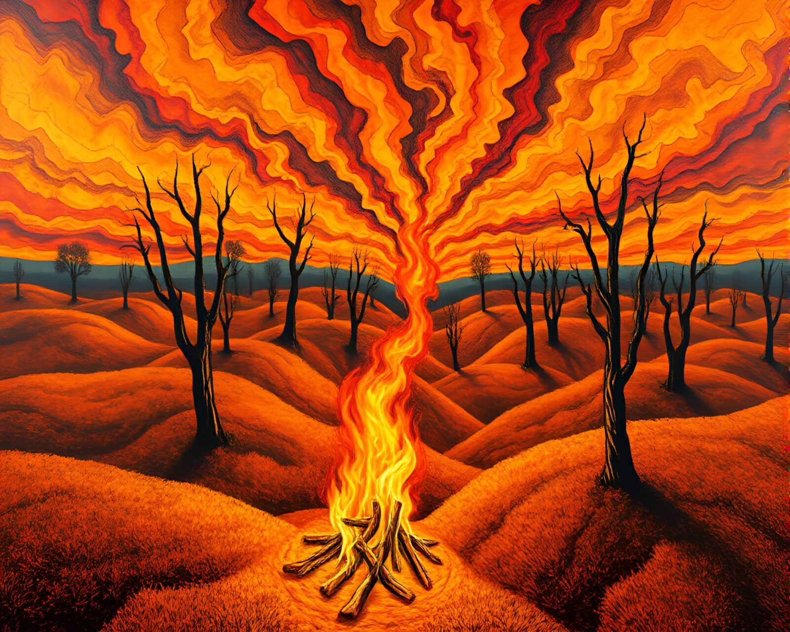 Wide-angle view of tessellated bonfire in colorful field
