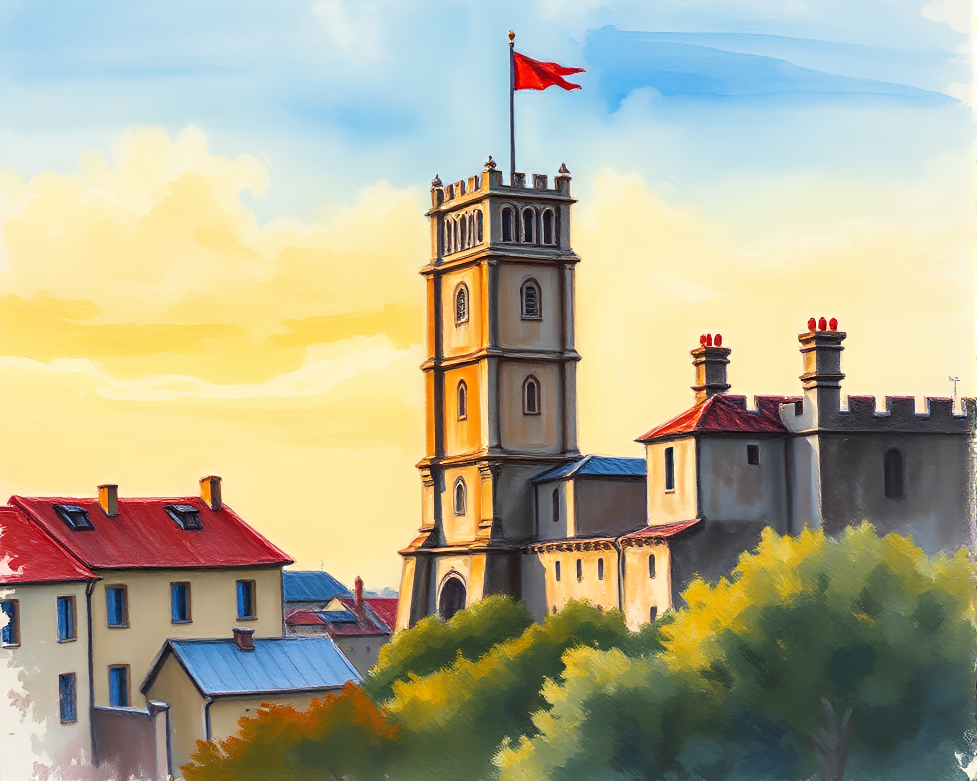 Engraved Tower in Soft Pastels Gouache Painting – free AI stock image