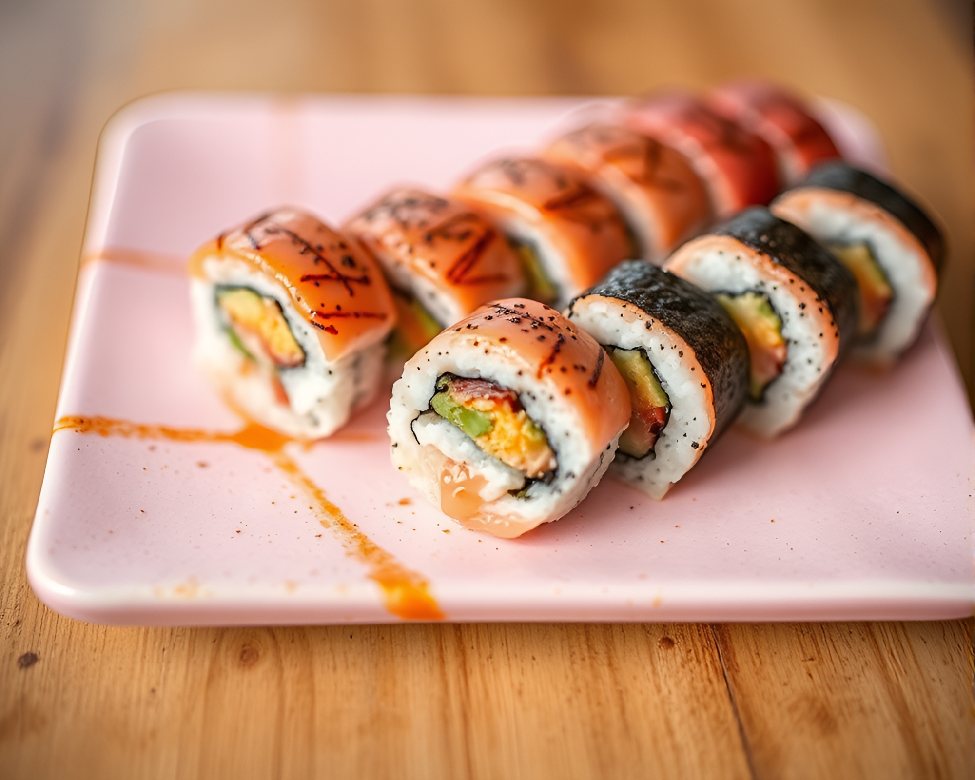 Rust-Stained Sushi Platter Illuminated in Blush Pink – free AI stock image