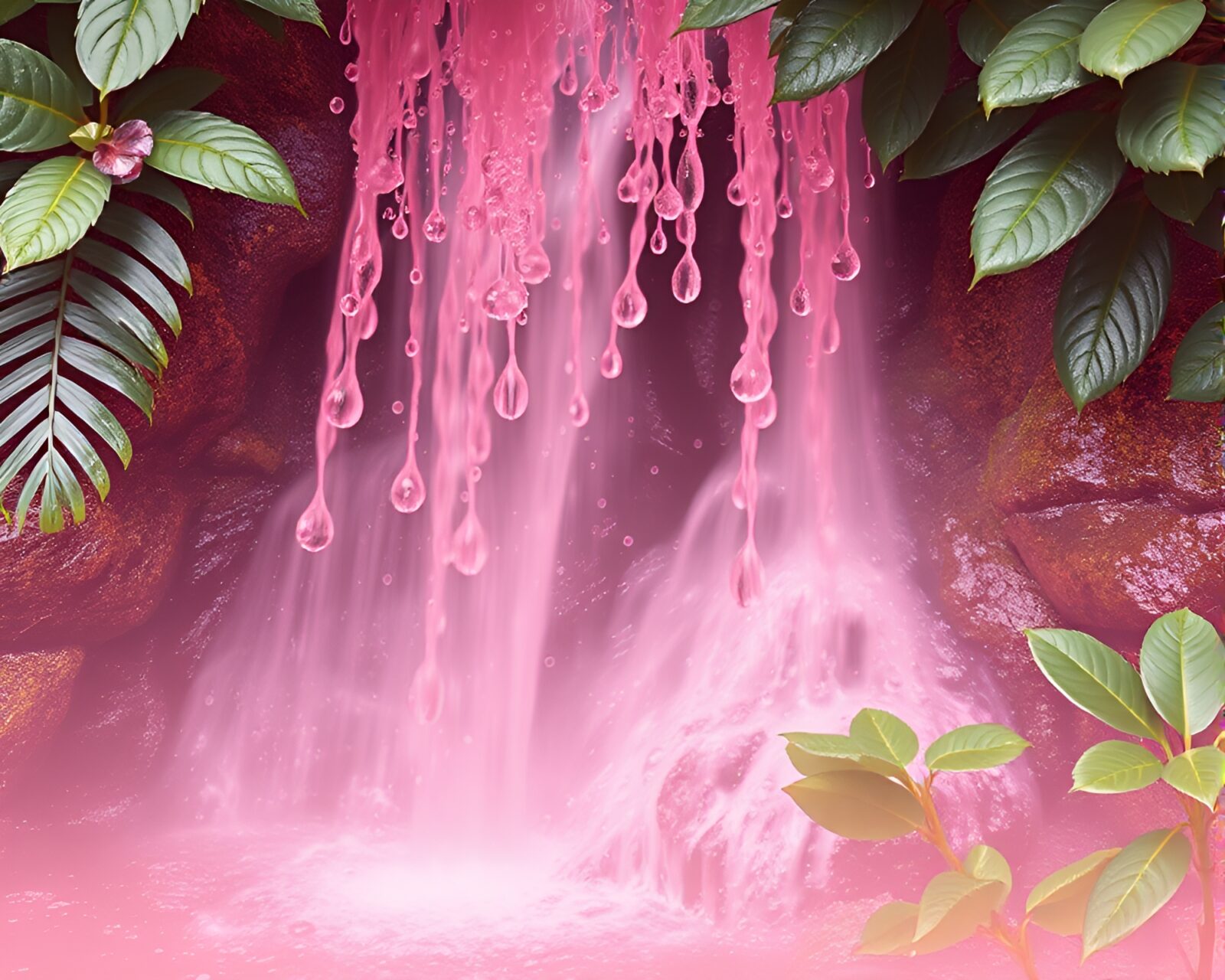 Serene waterfall scene with pink hues and AI artwork