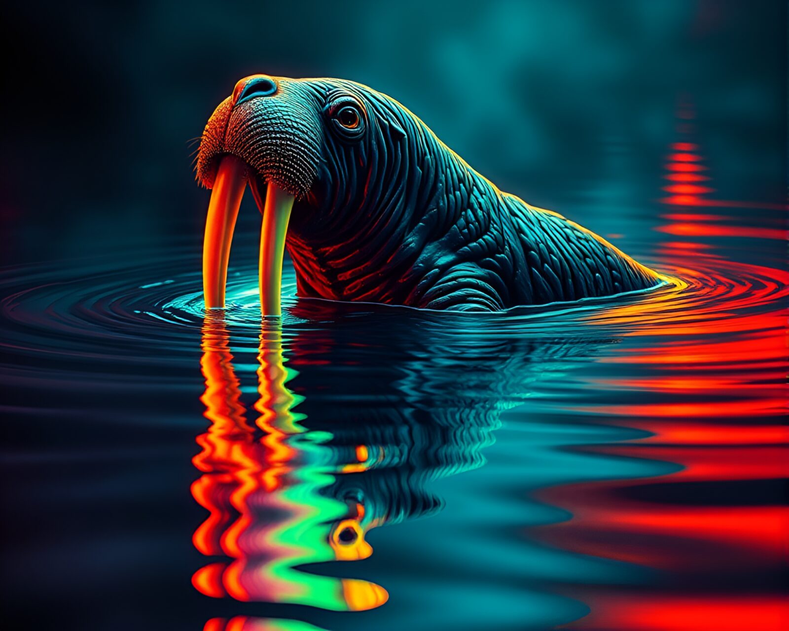 A vibrant neon walrus submerged in distorted water