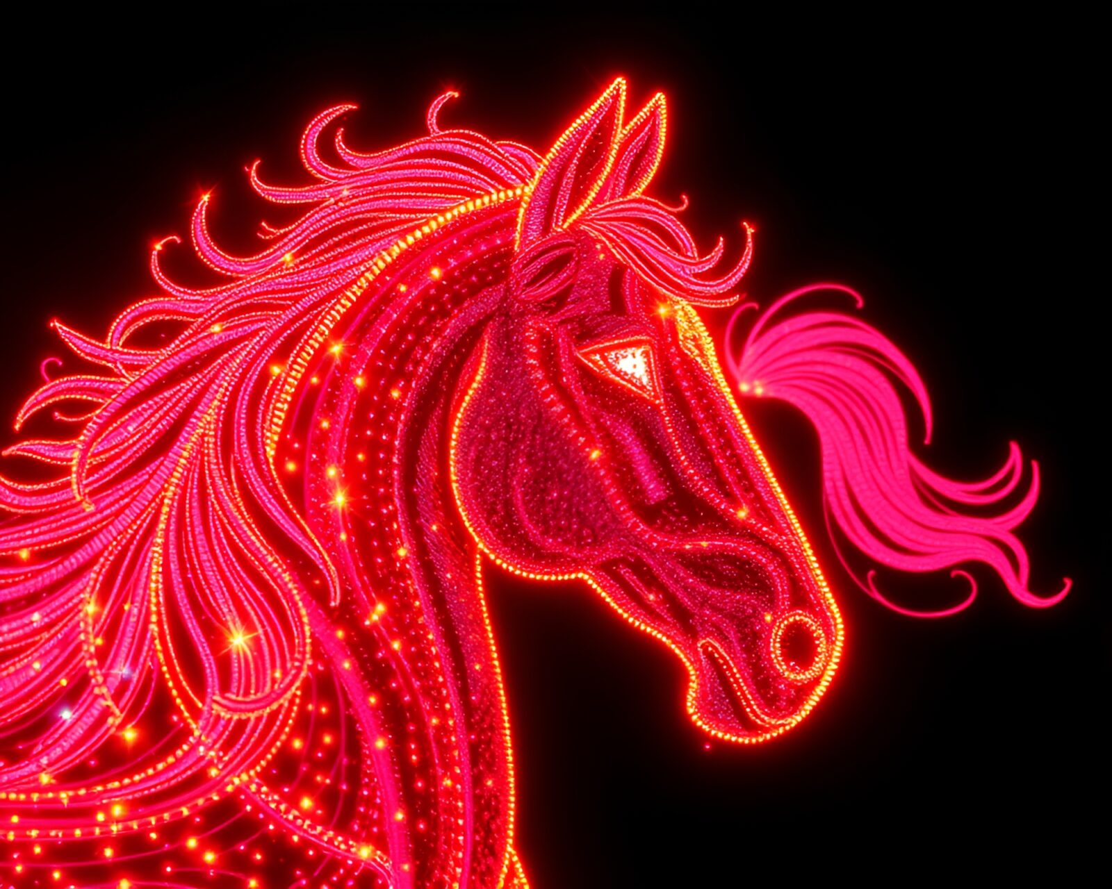 Vibrant glitch art depiction of embroidered wild stallion