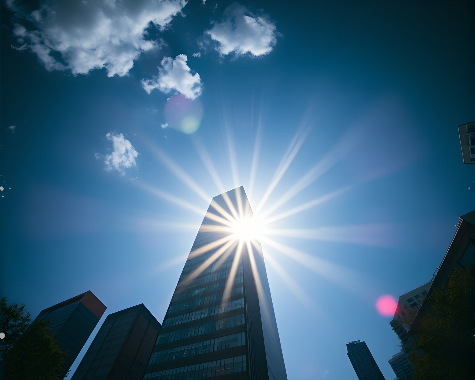 Holographic Skyscraper Sunburst: Futuristic Cityscape – free AI stock image