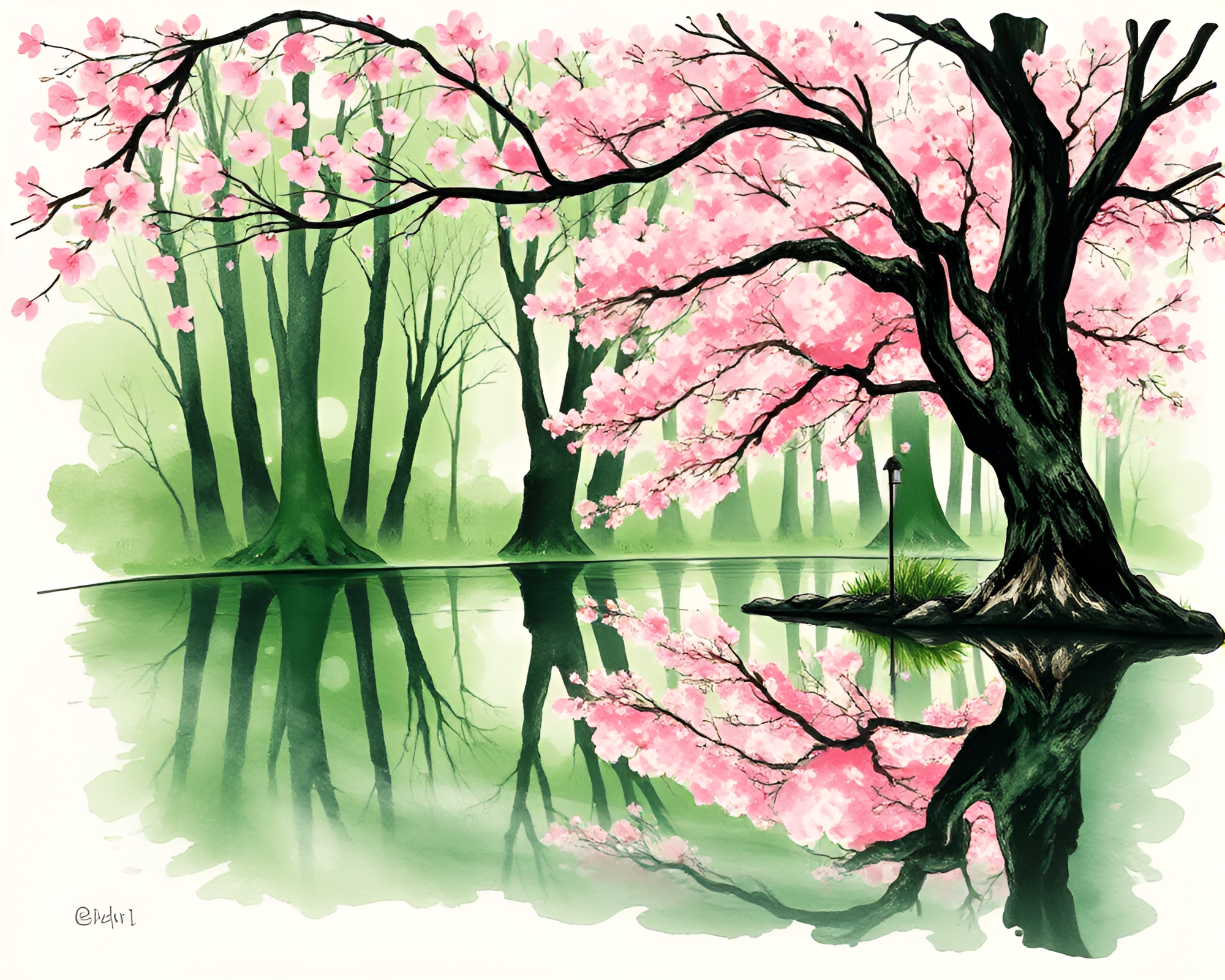 Enchanted Cherry Blossom Tree Reflecting in Puddle Ink Wash Art – free AI stock image
