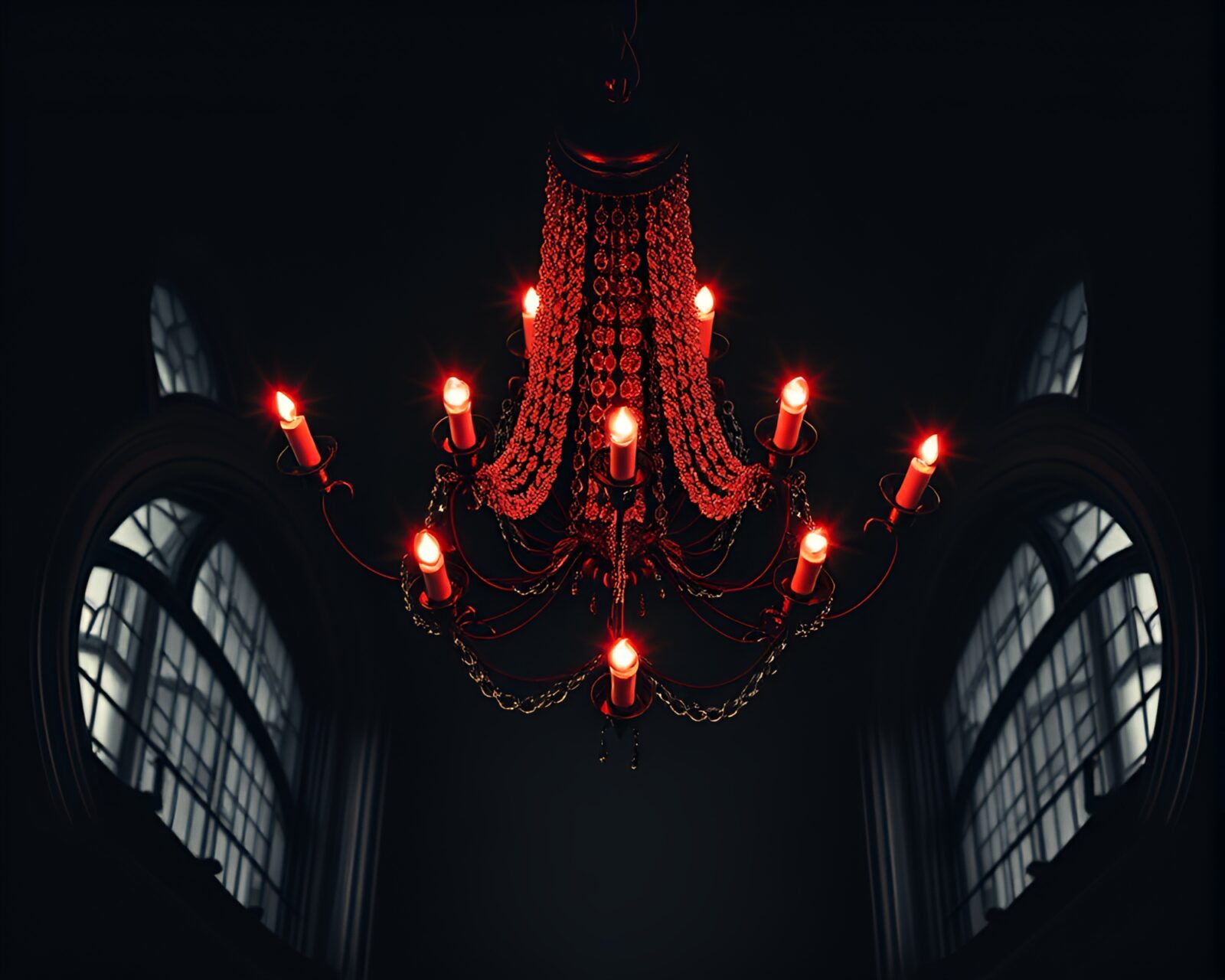 Bird's eye view of a hauntingly lit gothic chandelier