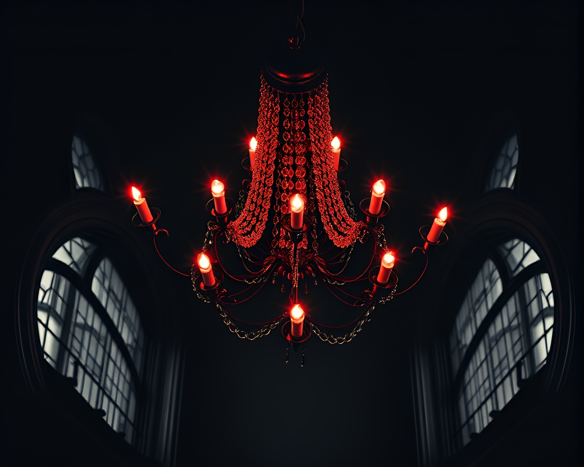 Gothic Chandelier in Monochrome Red Film Noir Scene – free AI stock image