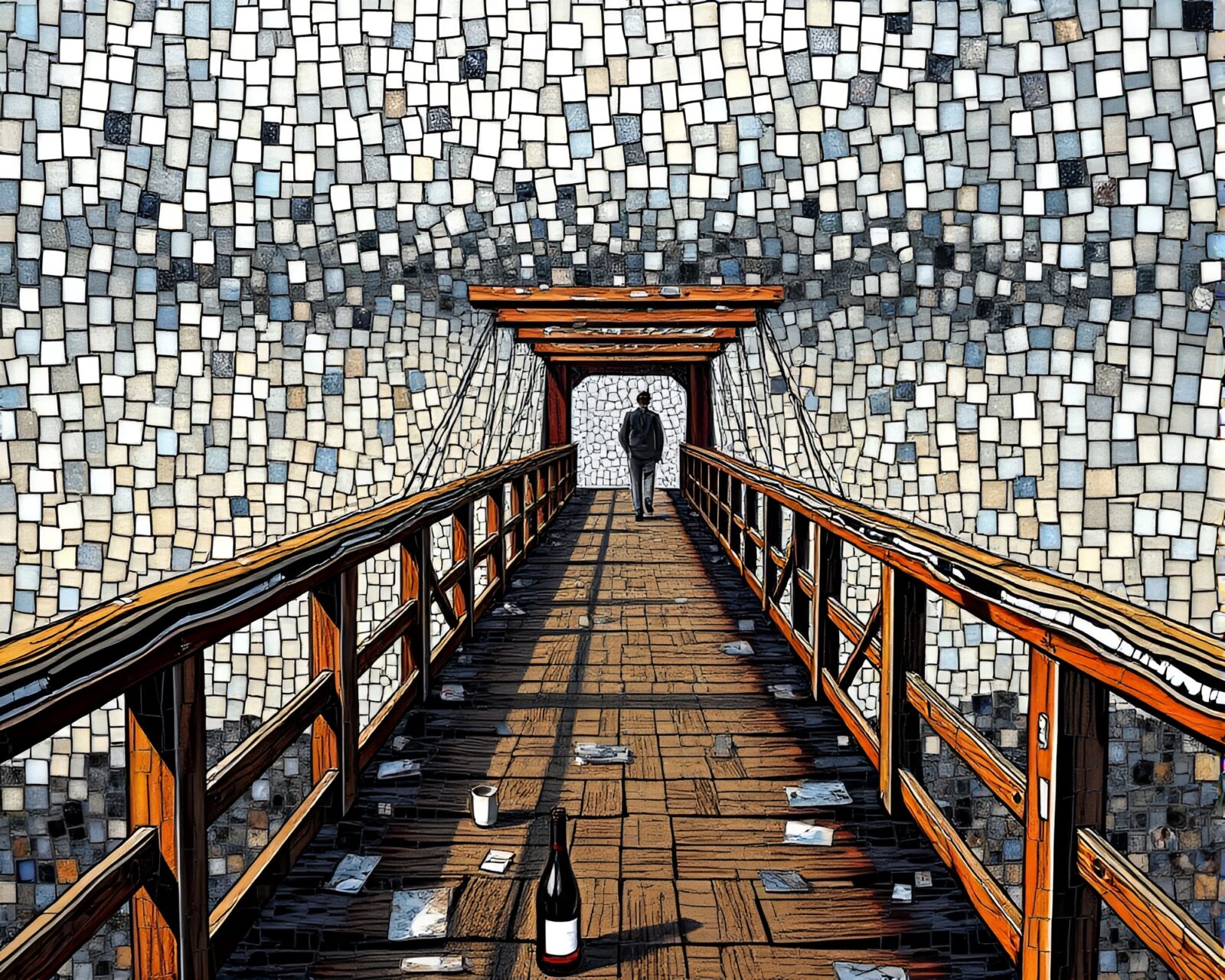 A fantastical wooden bridge with metallic sheen in stipple shading