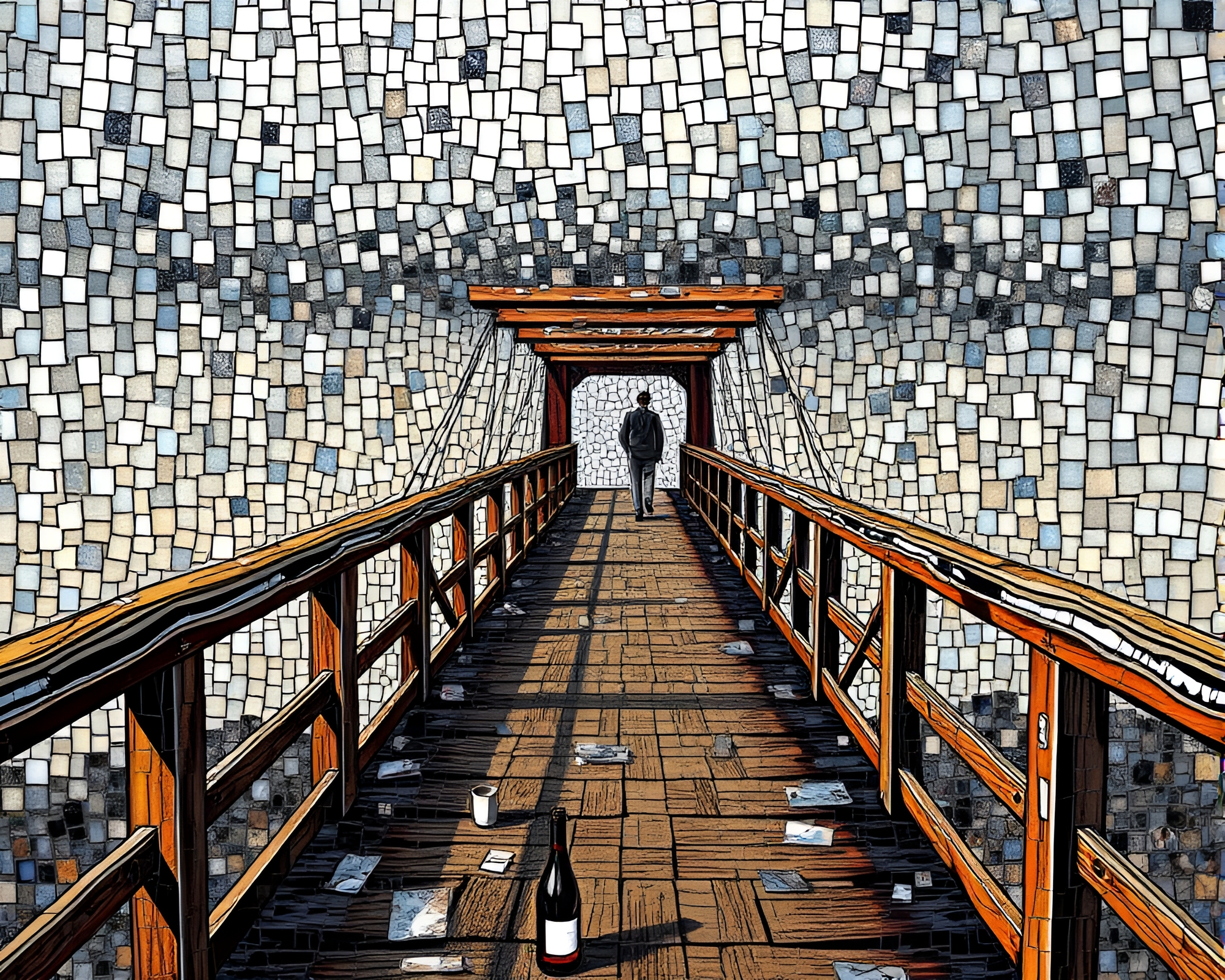 Fragmented Mosaic Wooden Bridge with Metallic Sheen – free AI stock image
