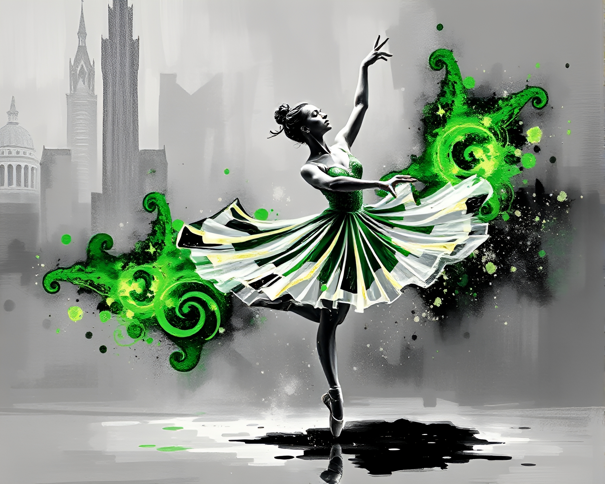 Foil Stamped Ballet Dancer in Monochrome Green Action Painting – free AI stock image
