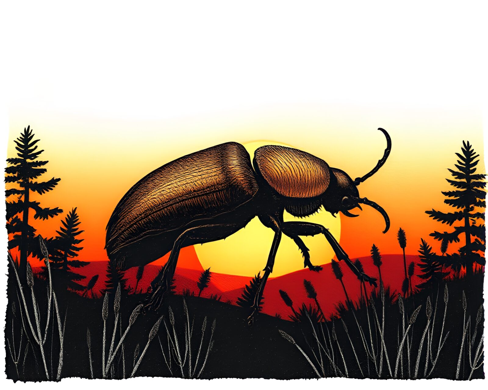 Detailed etching of a beetle in sunset colors with a vignette border